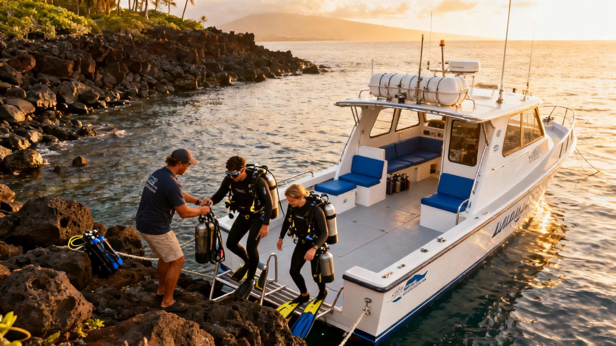 Scuba divers preparing to dive from a boat docked at a rocky Hawaiian coast at sunset.