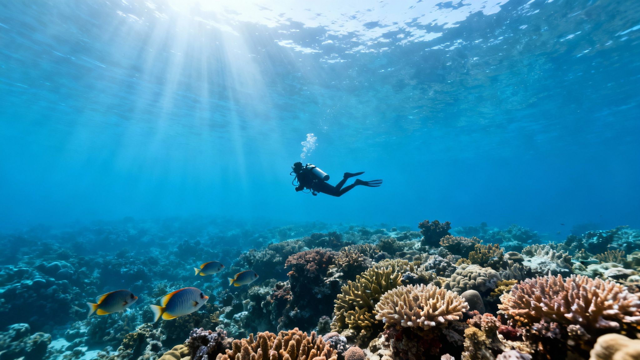 A scuba diver explores a vibrant coral reef with tropical fish and sun rays in clear blue water.