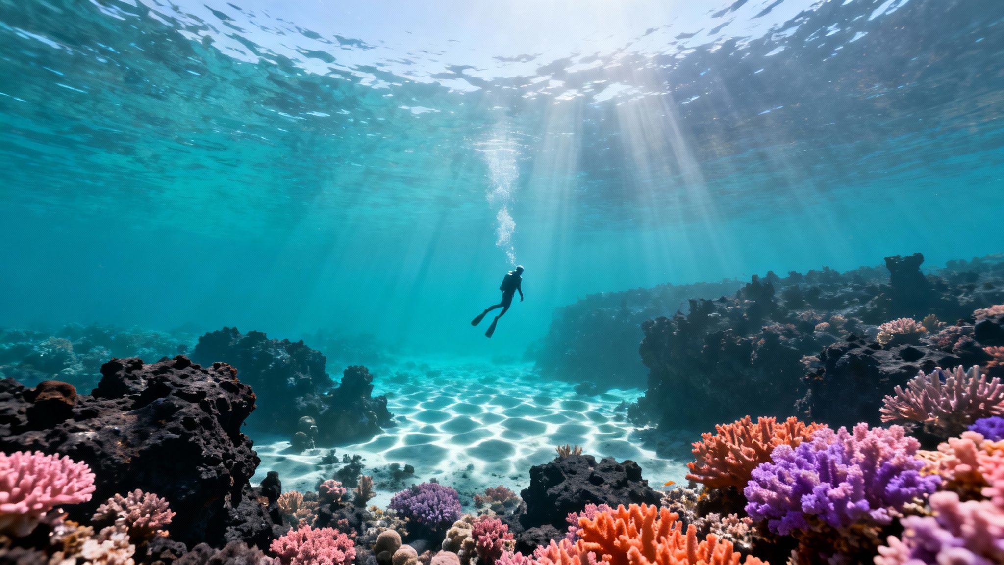 A lone scuba diver ascends through sunlit blue waters over a vibrant coral reef.