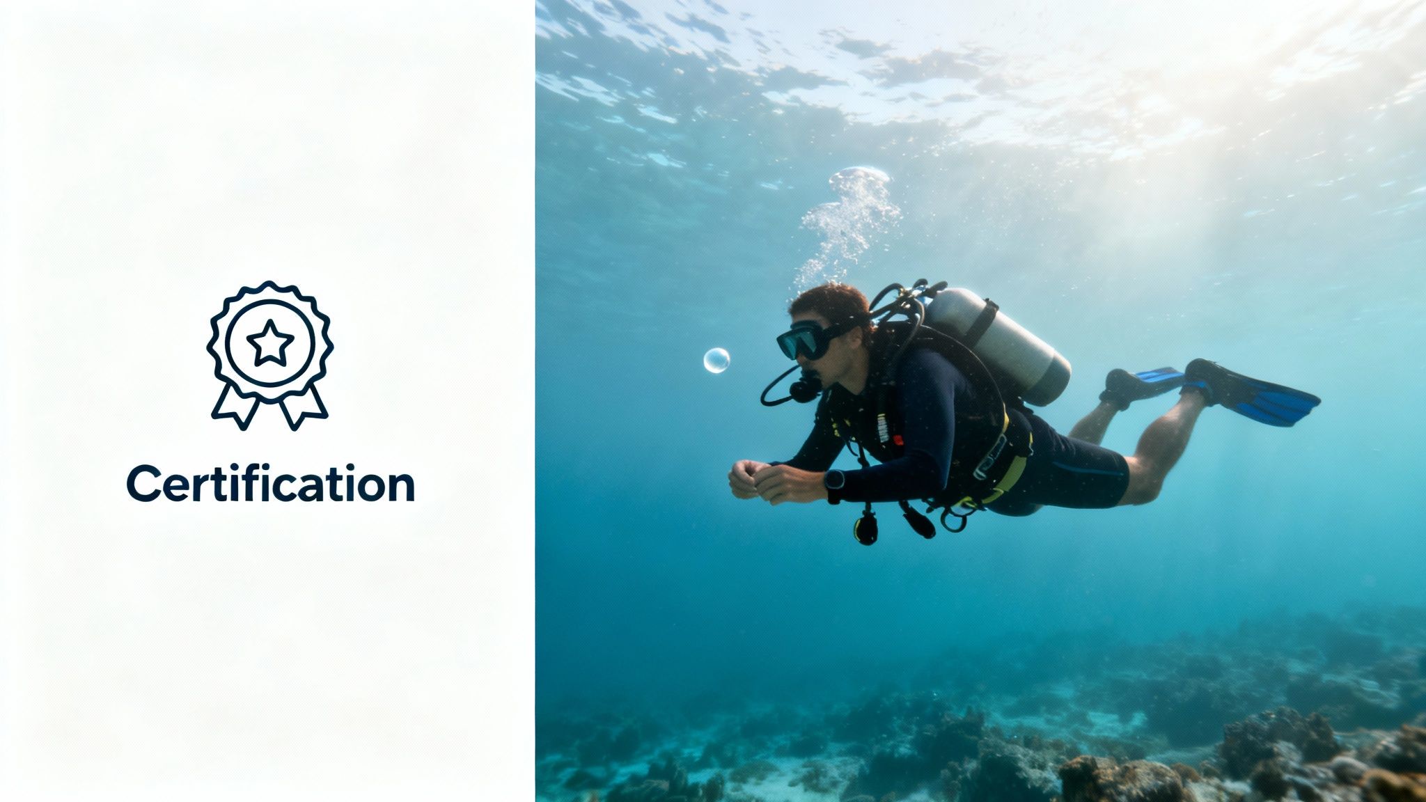 A scuba diver practicing buoyancy skills in clear blue water.
