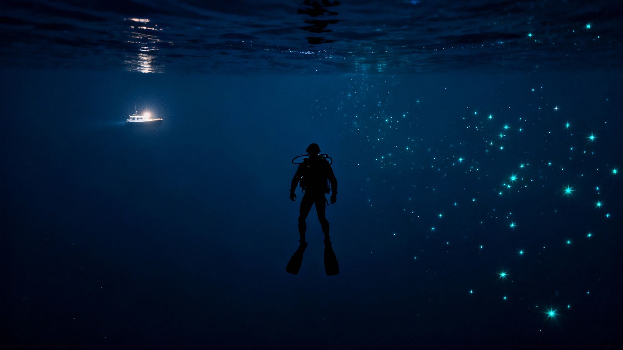 Underwater view of a diver below a boat at night, with sparkling bioluminescence.