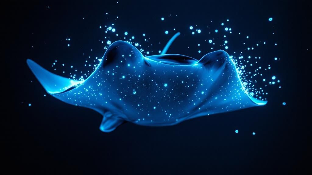 A manta ray gracefully swims over a scuba diver's head at night, illuminated by the diver's light.