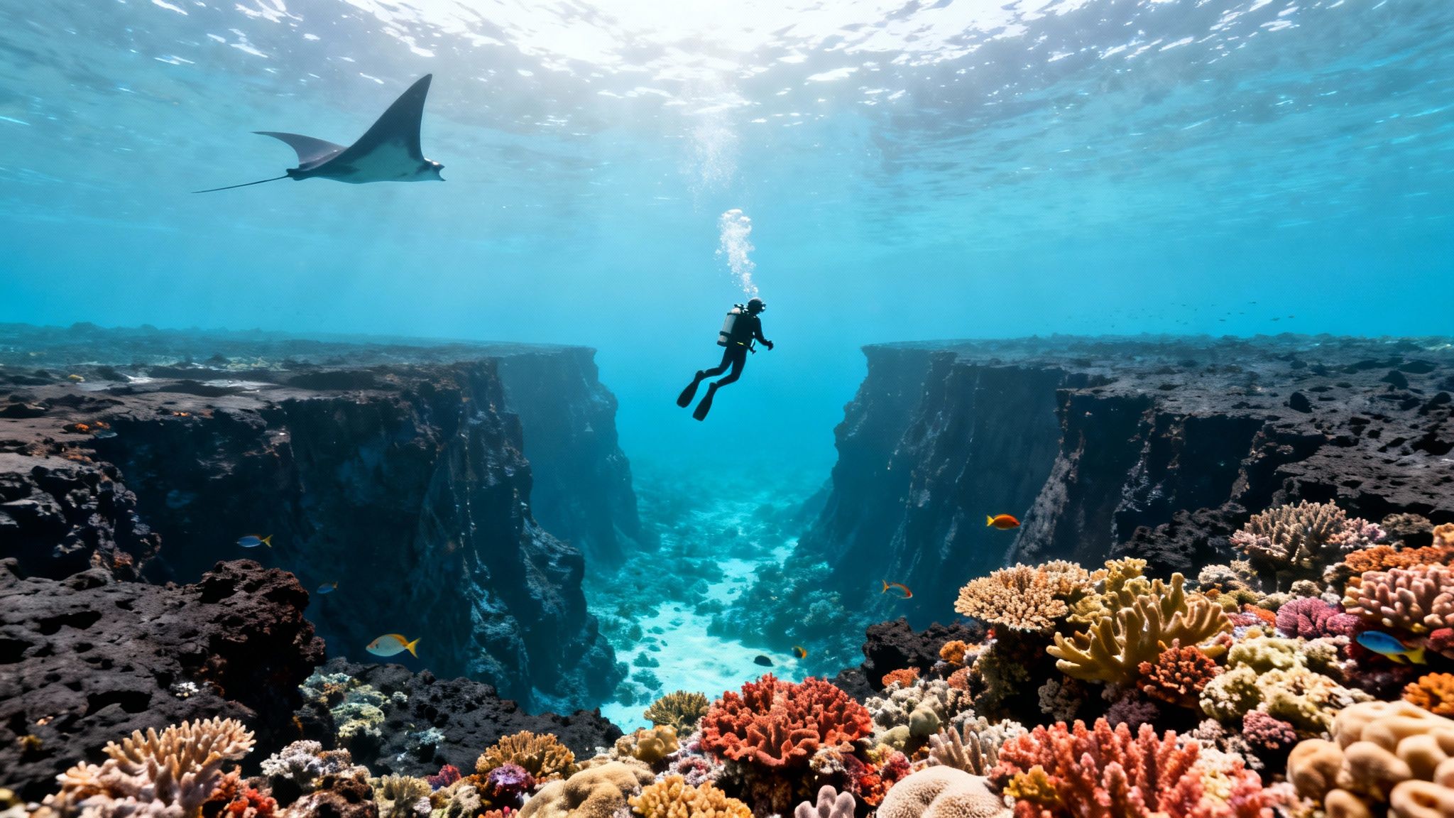 A diver swims above a vibrant coral reef in an underwater canyon, with a majestic manta ray overhead.