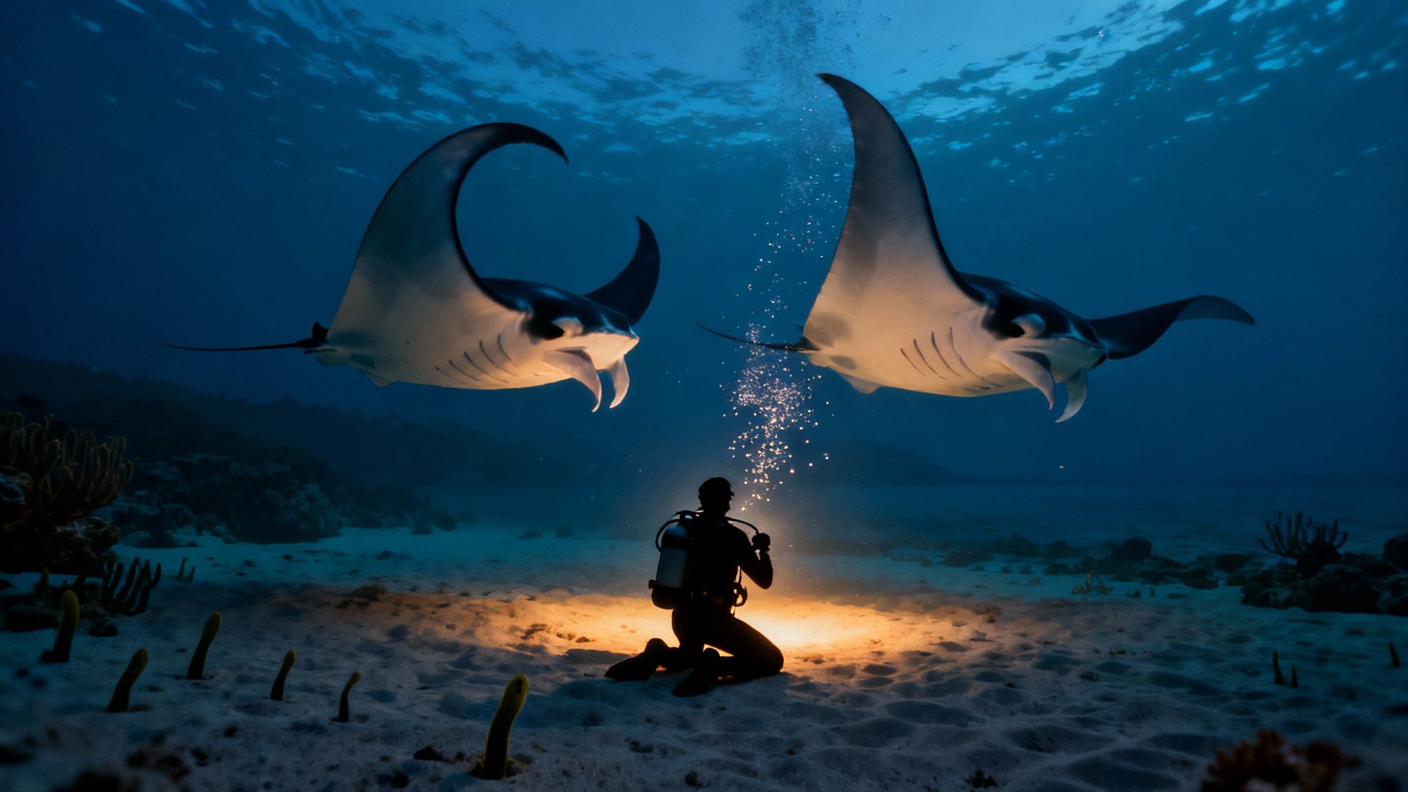 A group of scuba divers watch a giant manta ray feed at night on the Big Island