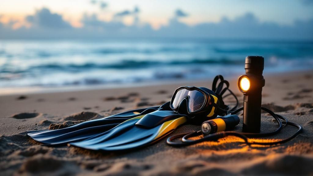 Scuba divers preparing their gear on a dive boat with a sunset in the background