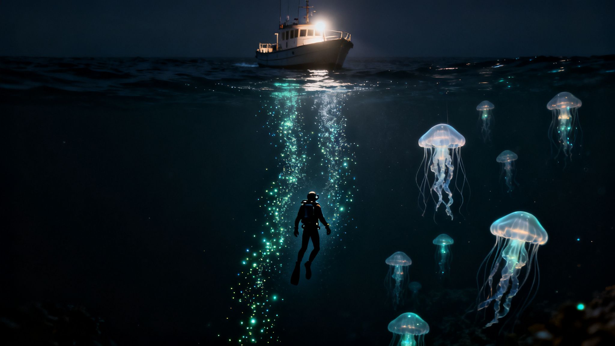 A scuba diver ascends at night, surrounded by bioluminescent jellyfish and glowing bubbles, towards a lit boat.