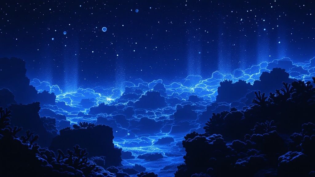 A diver's view looking up at a manta ray gliding through the illuminated water at night.