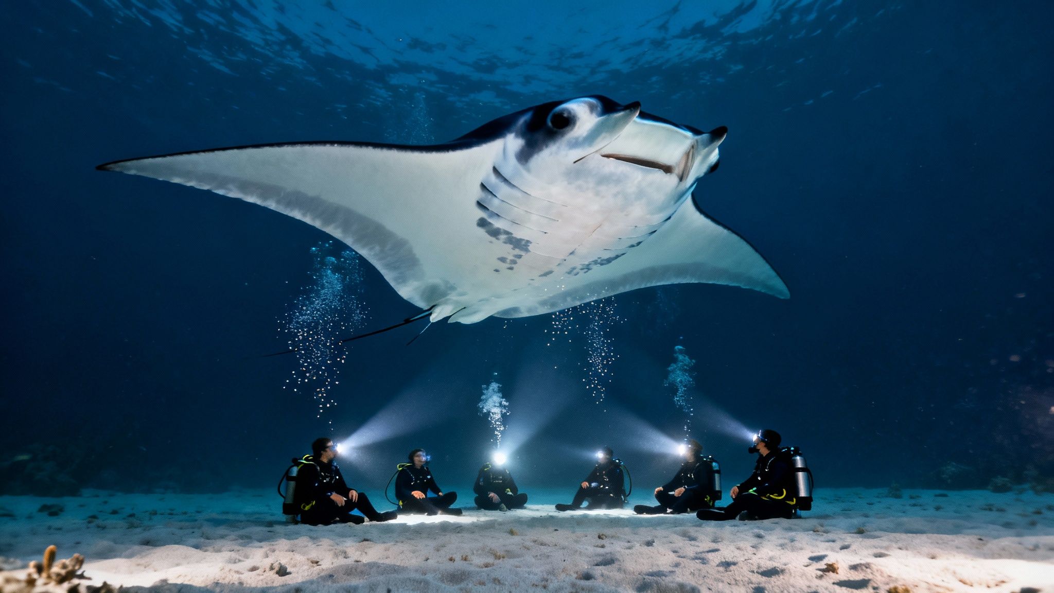 Scuba divers with headlamps sit on sandy seabed, observing a majestic manta ray swimming above.