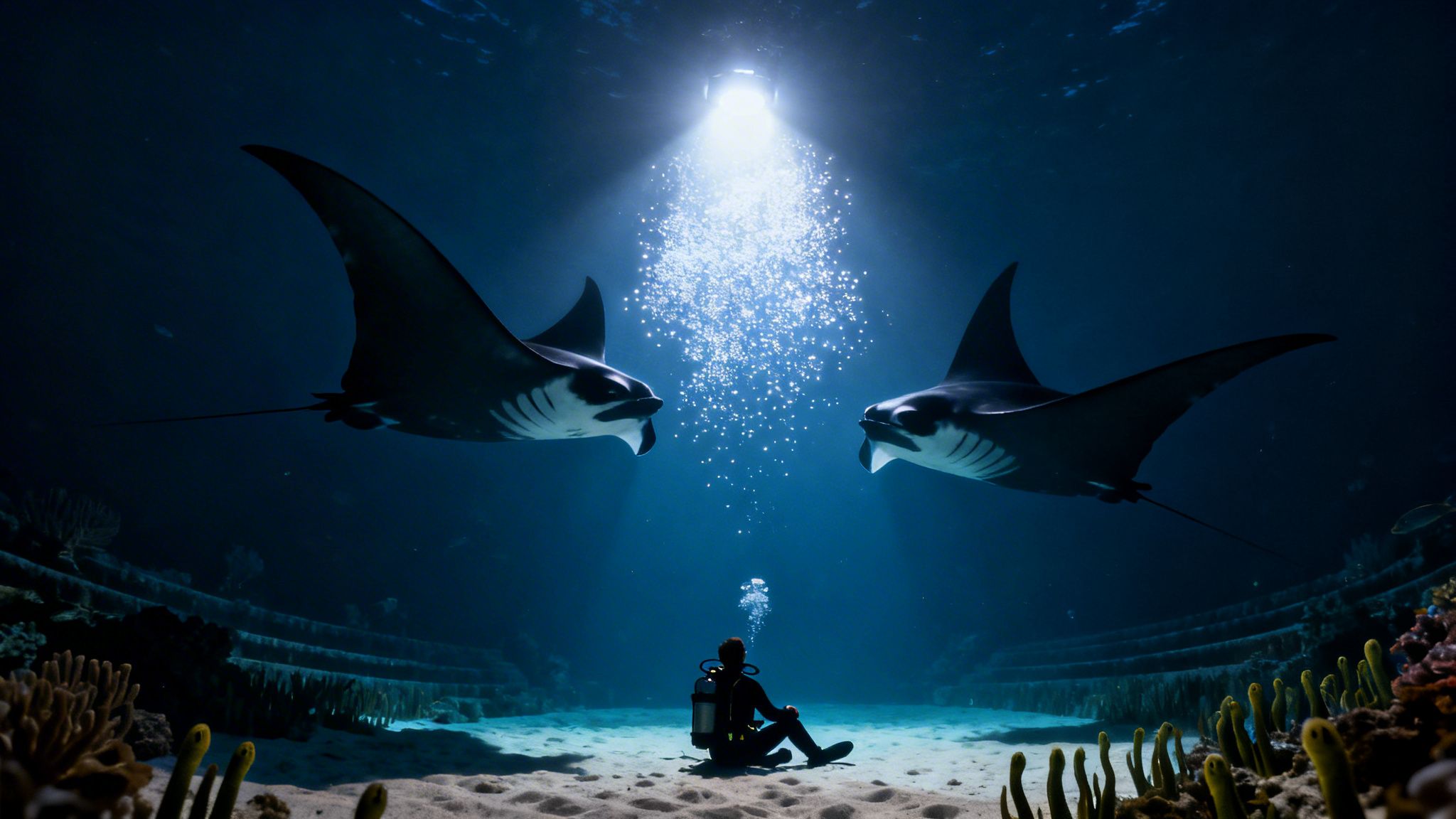 A diver sits on the ocean floor, watching two manta rays swim above under a bright light.