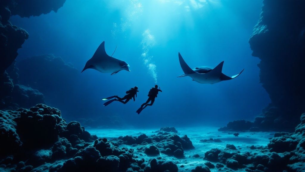 A group of scuba divers on the sandy ocean floor at night, looking up as several giant manta rays glide gracefully above them through beams of light.