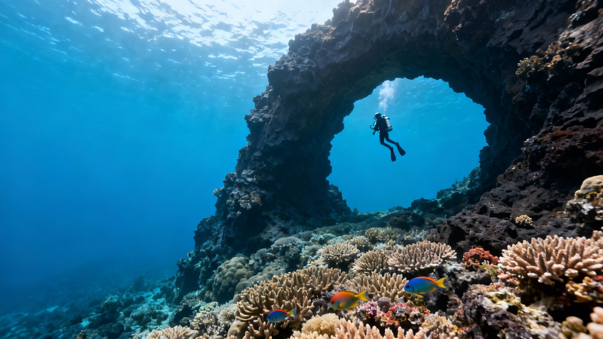 A scuba diver swims over a colorful coral reef on the Big Island, Hawaii, with a sea turtle nearby.