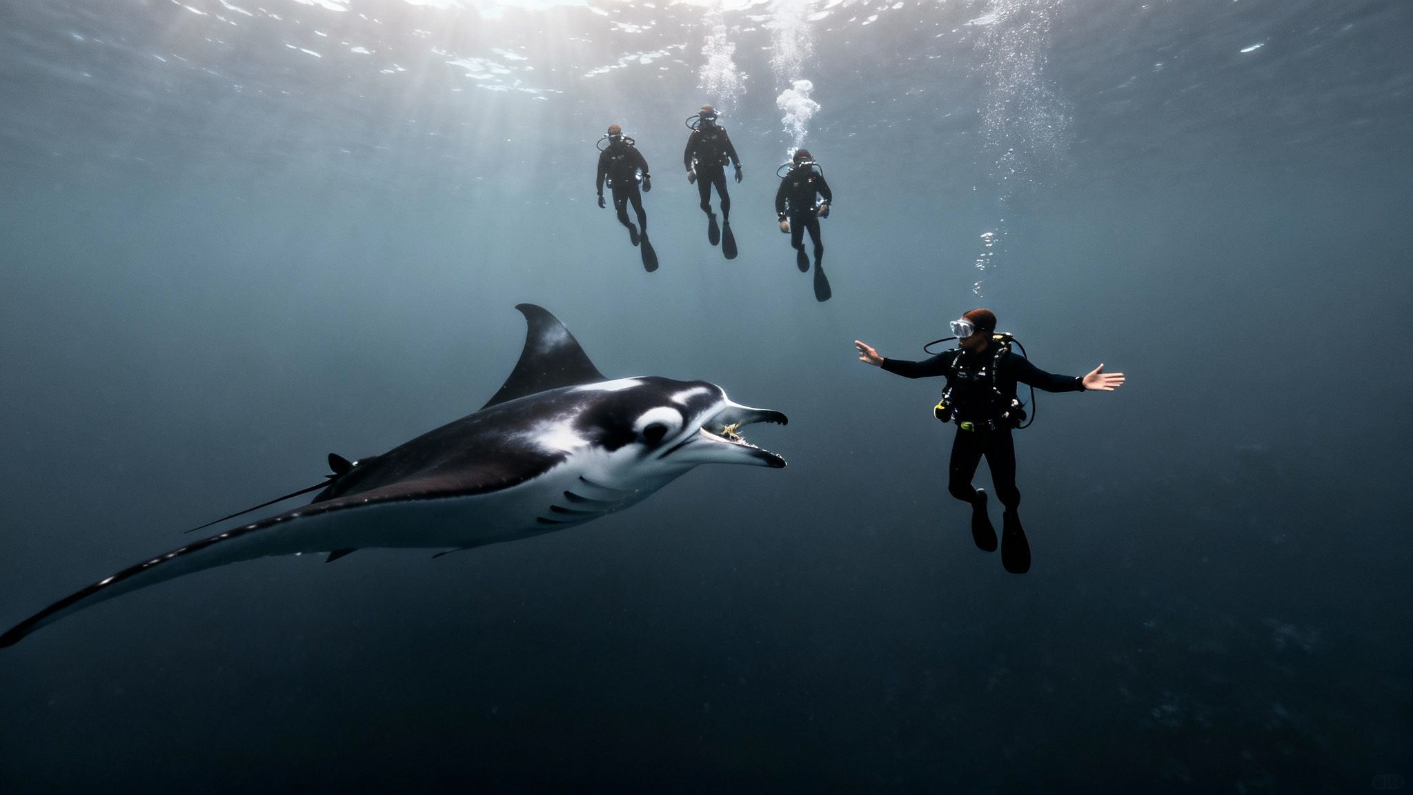 A scuba diver maintaining a respectful distance while observing a manta ray during a night dive in Kona.