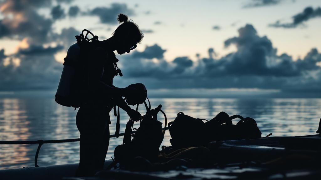 A diver kneels on the sandy ocean floor as a giant manta ray glides gracefully overhead, silhouetted against the powerful dive lights from above.