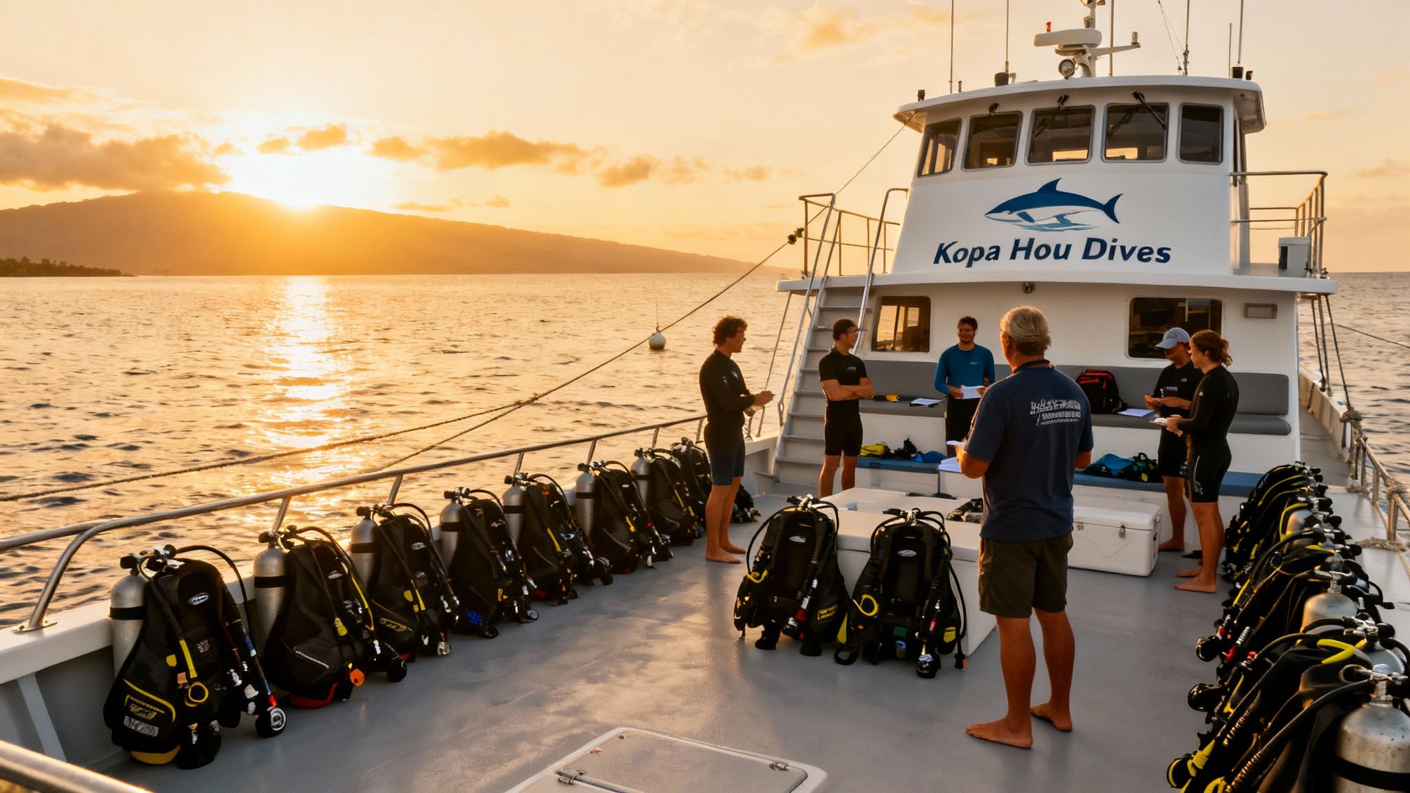 A dive boat at sunset with people and numerous scuba tanks on deck, ready for a dive.