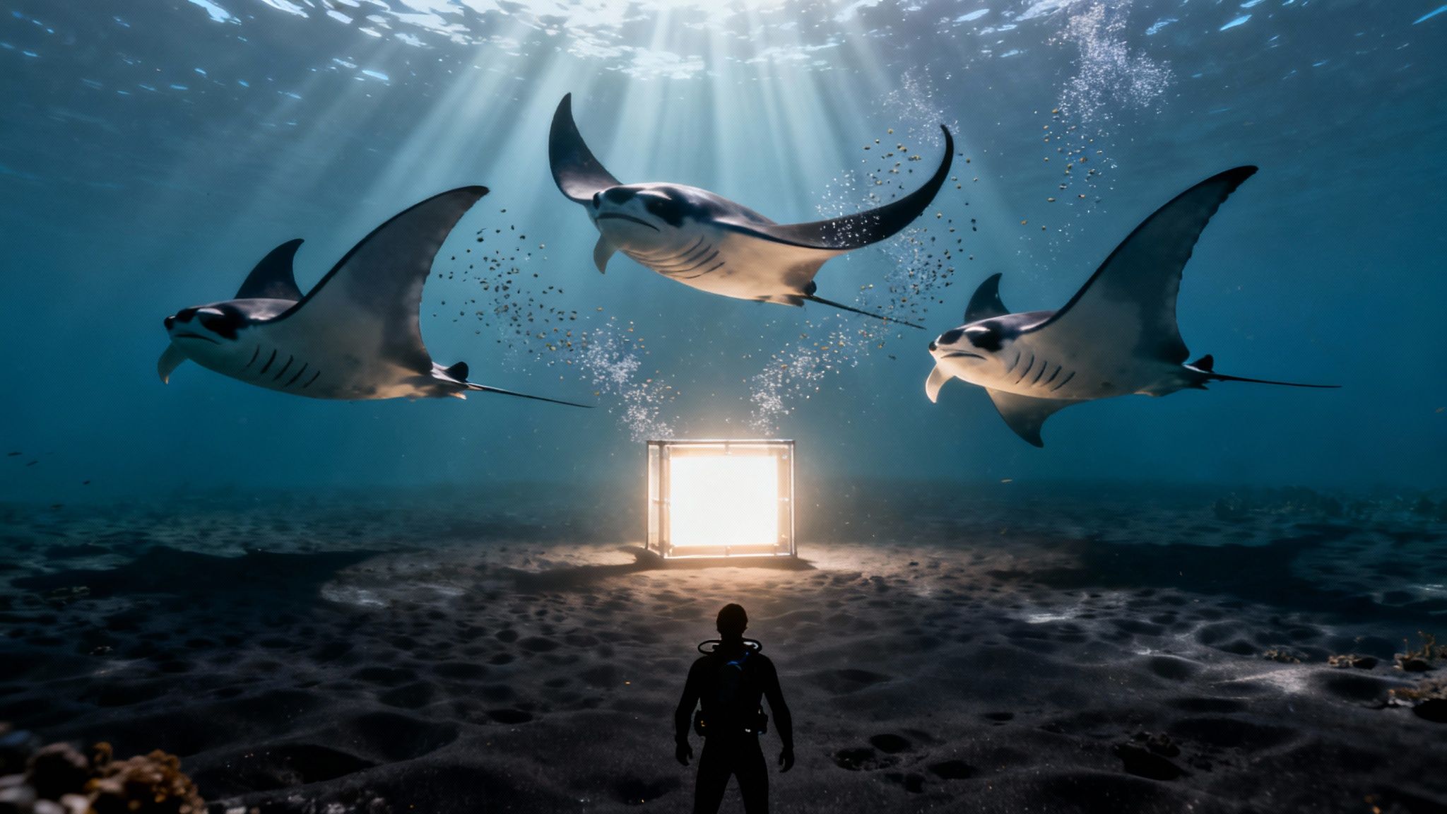 Giant manta ray gracefully gliding through the water at night, illuminated by dive lights.