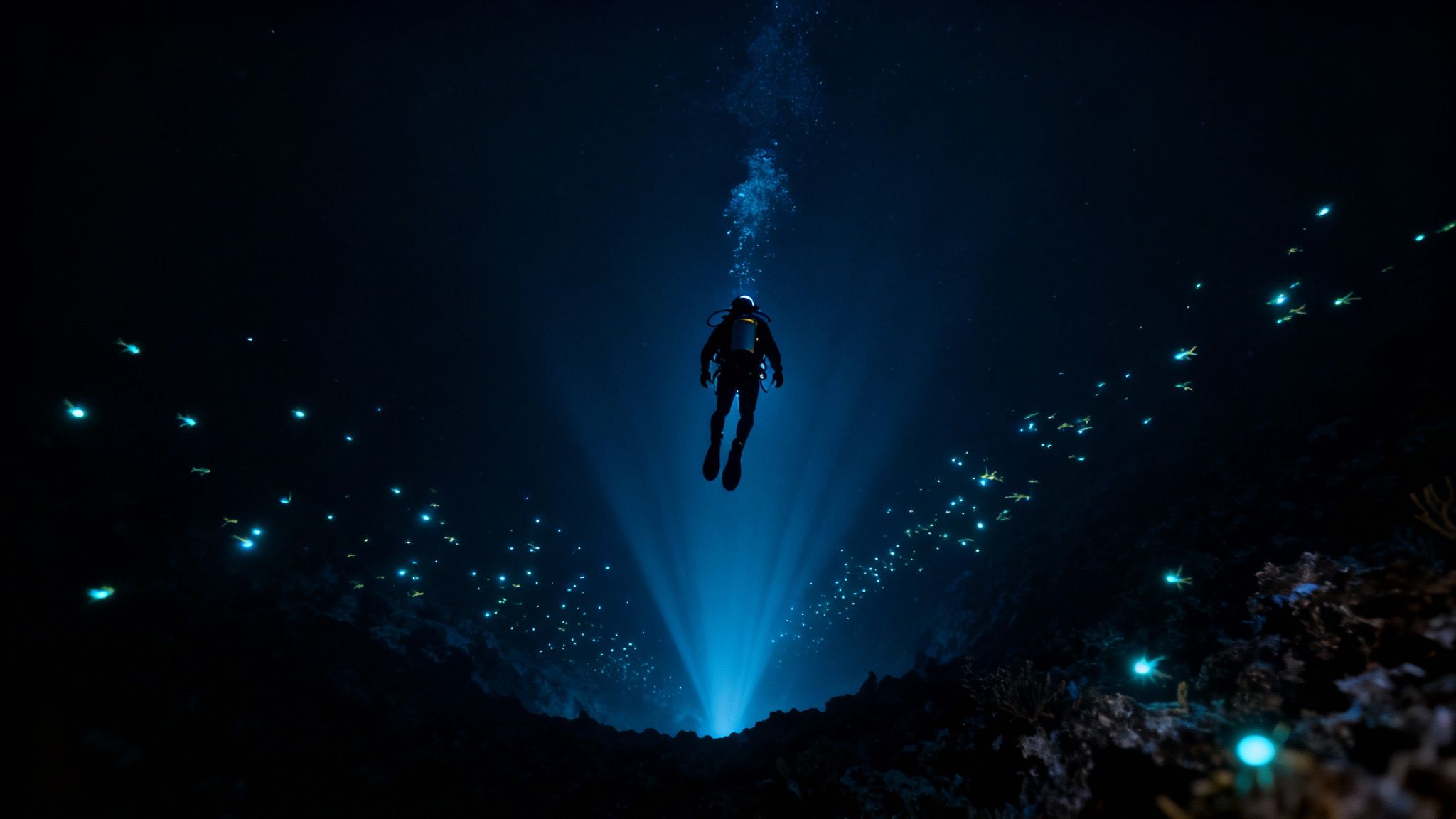 A bioluminescent creature photographed during a blackwater dive in Kona.