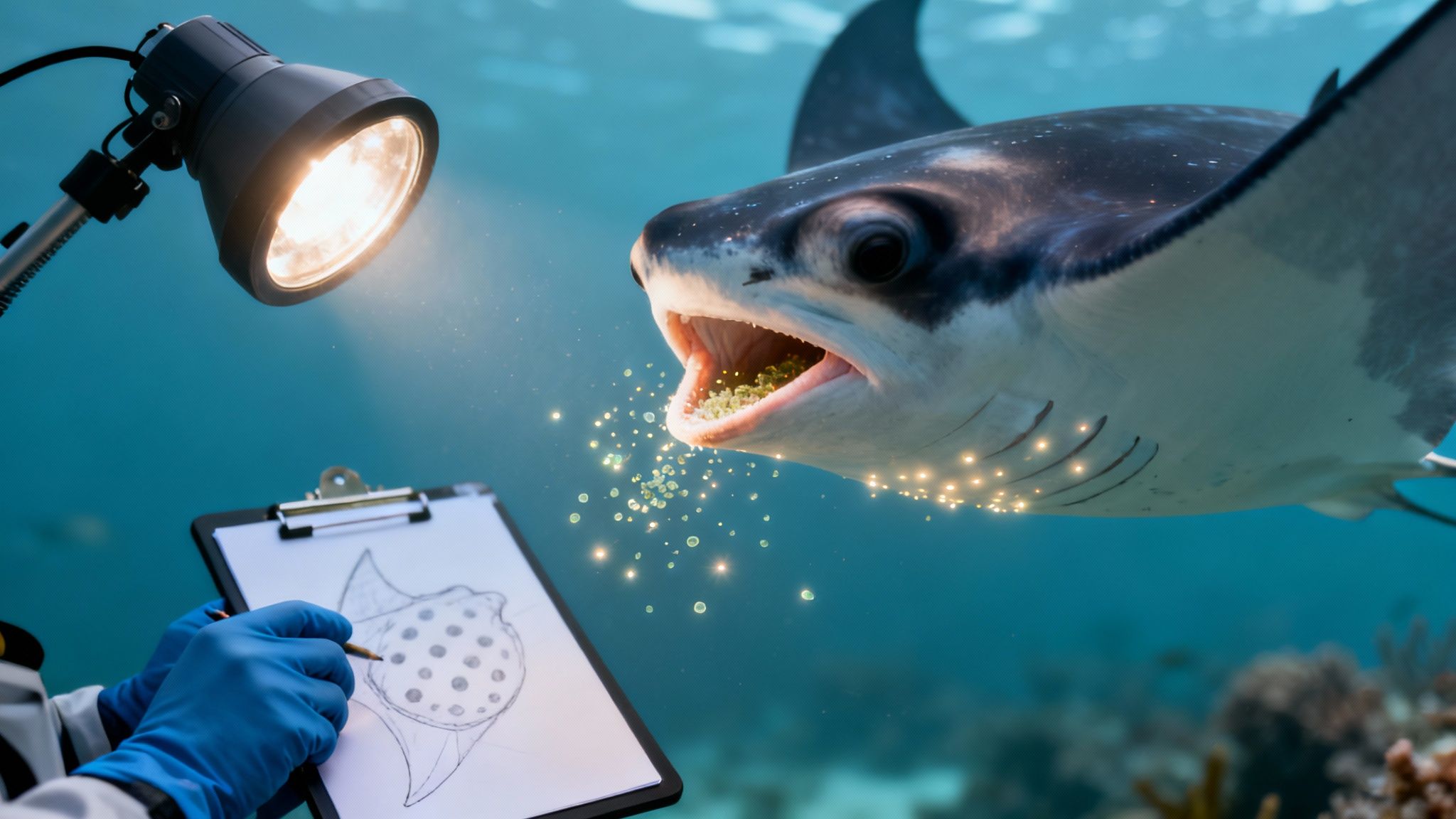 A massive manta ray swims gracefully in the dark ocean, illuminated by a diver's light from below.