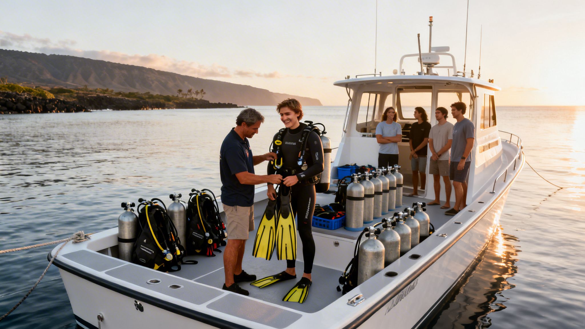 Men on a diving boat, one being helped with scuba gear as others wait at sunset.