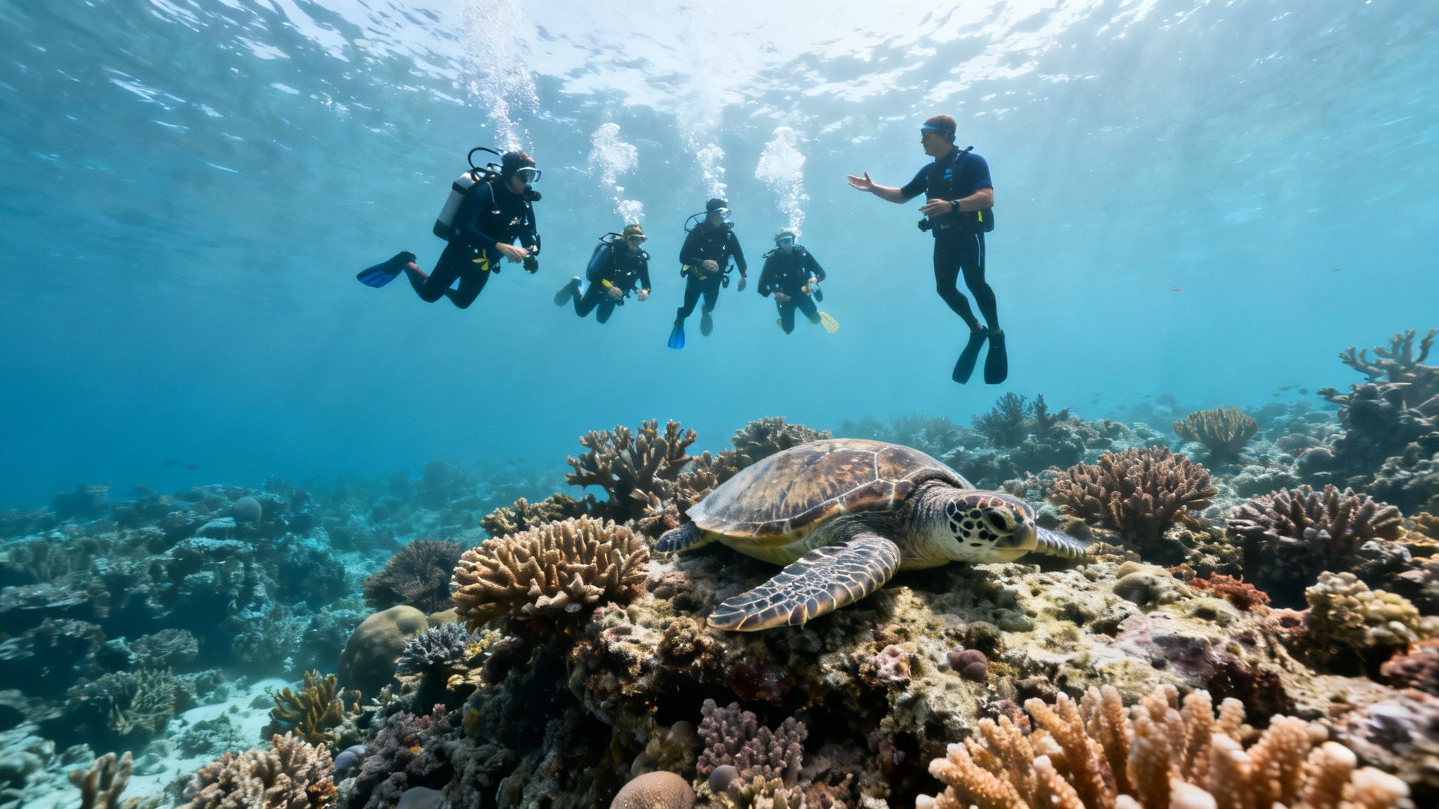A group of scuba divers float above a large sea turtle resting on a vibrant coral reef.