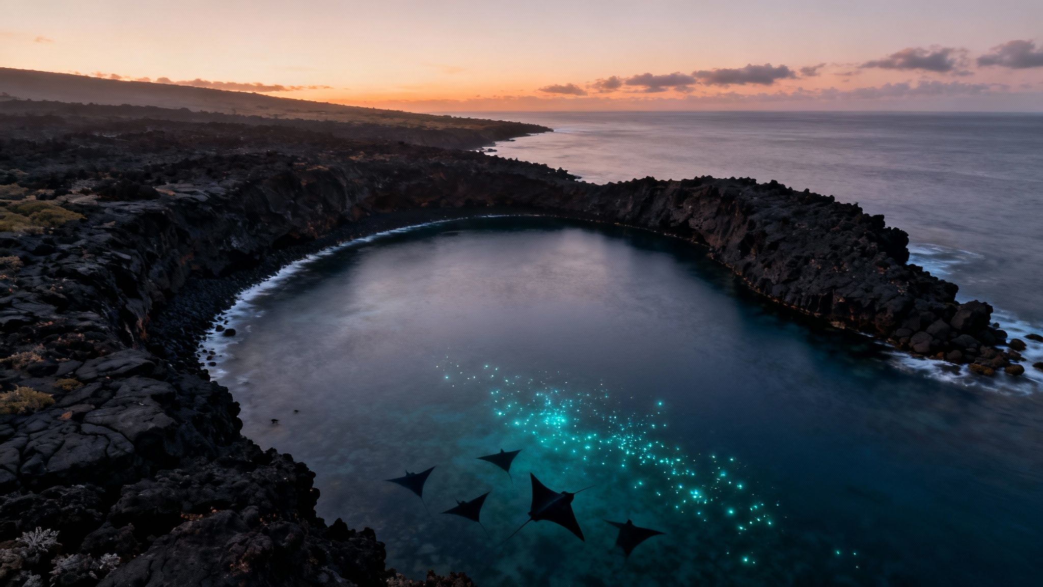 A scuba diver illuminates a manta ray with a flashlight during a night dive in Kona.