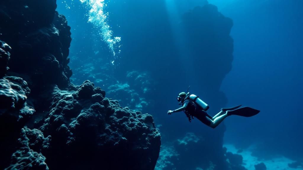 A scuba diver exploring a coral reef in the clear waters of Big Island, Hawaii.