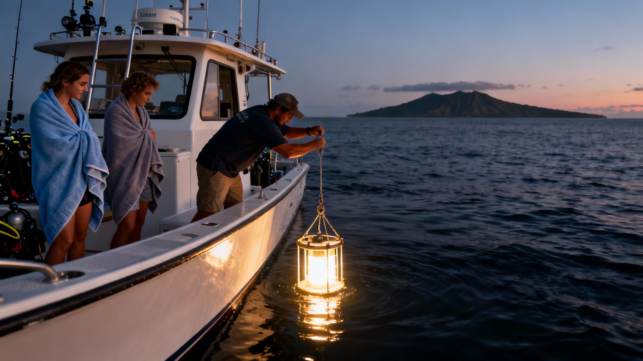 People on a boat at dusk lowering a glowing lantern into the ocean for a night dive.