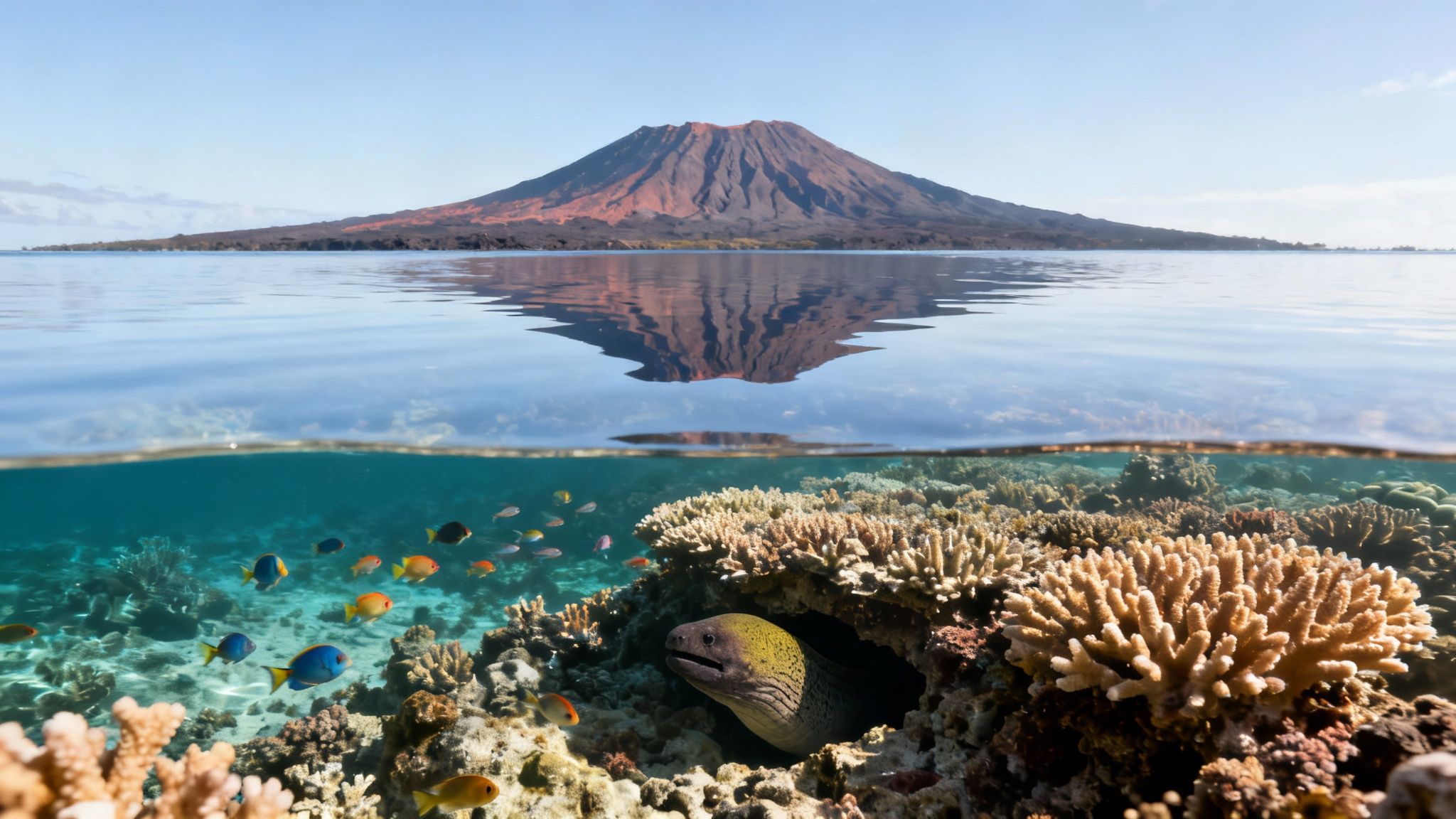 Split image of an active volcano reflecting in calm water and a vibrant coral reef with fish and a moray eel.