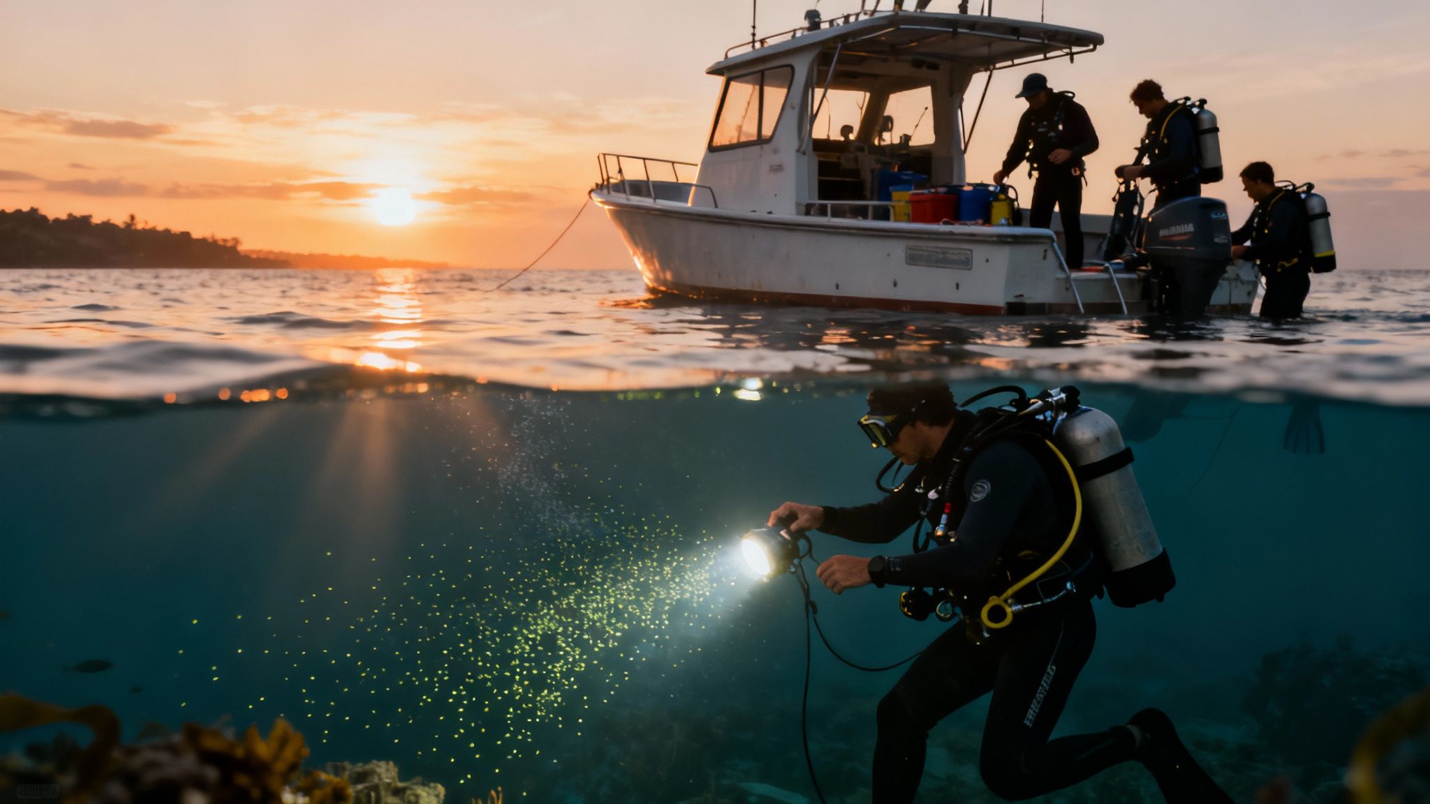 A scuba diver illuminates a giant manta ray with a dive light as it swims gracefully in the dark ocean water.