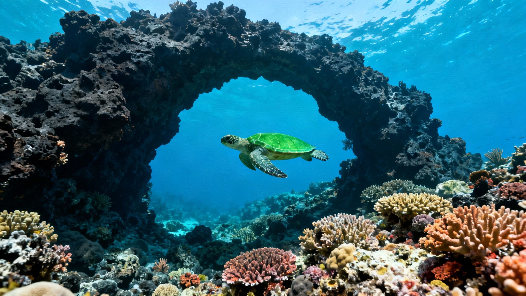 A vibrant green sea turtle swims gracefully through an underwater rock arch above colorful coral reefs.