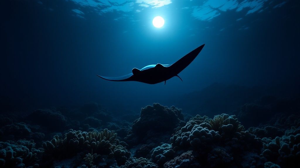 A scuba diver explores a vibrant coral reef near volcanic rock formations in Kona, Hawaii.
