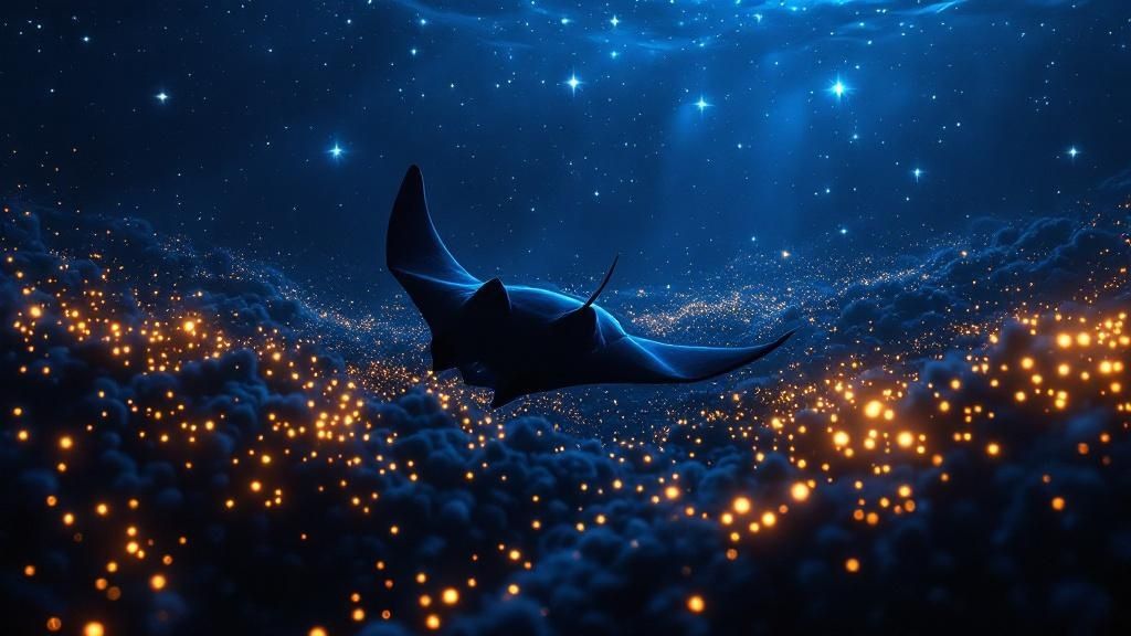 A massive reef manta ray glides gracefully through the water column, showcasing its distinctive belly pattern.
