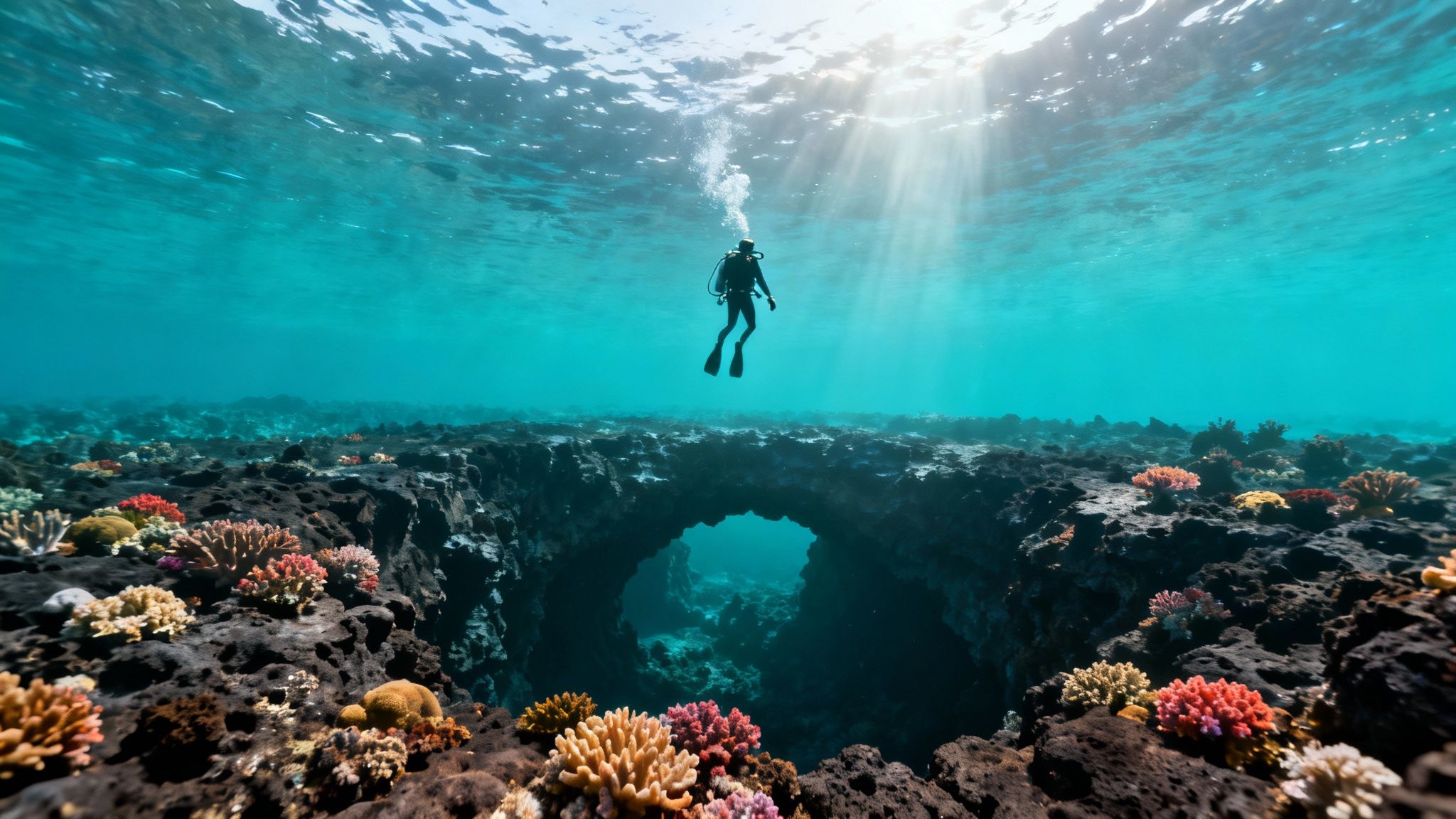 A scuba diver floats above a vibrant coral reef with an underwater archway, illuminated by sun rays.