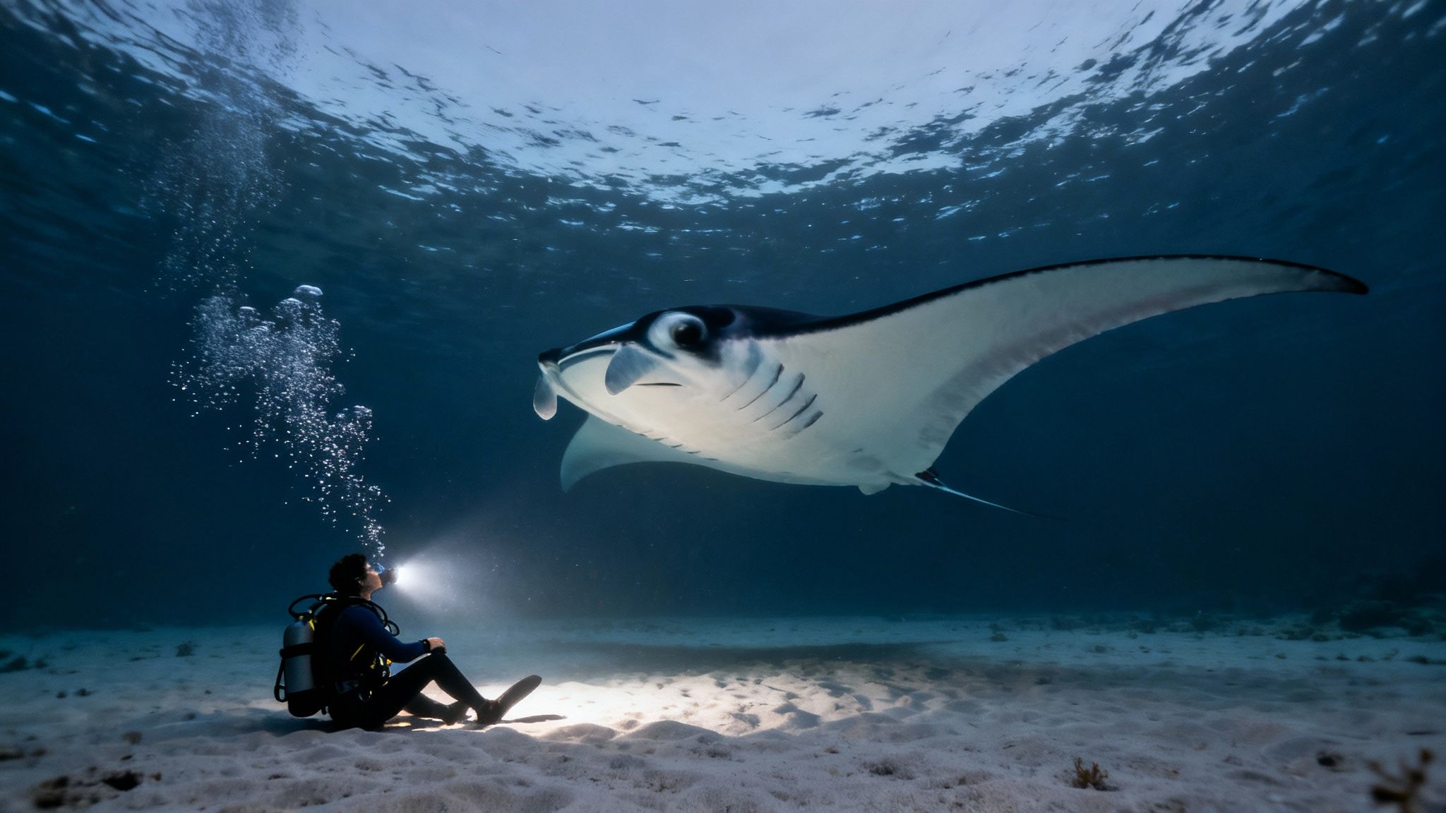 A scuba diver on the ocean floor illuminates a magnificent manta ray swimming gracefully above in dark blue waters.