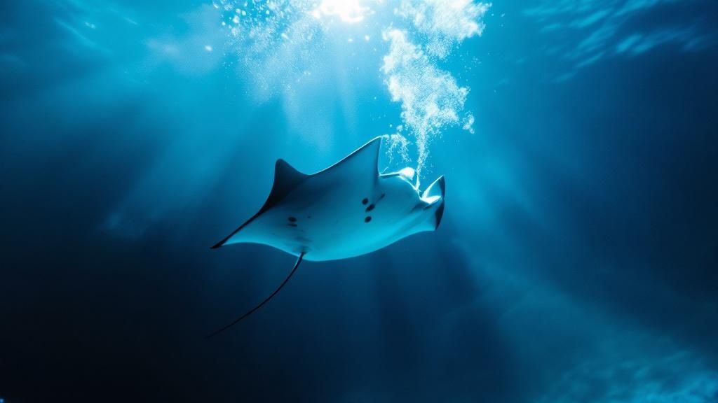 A group of divers observing a manta ray gracefully swimming above them during a night dive in Kona.