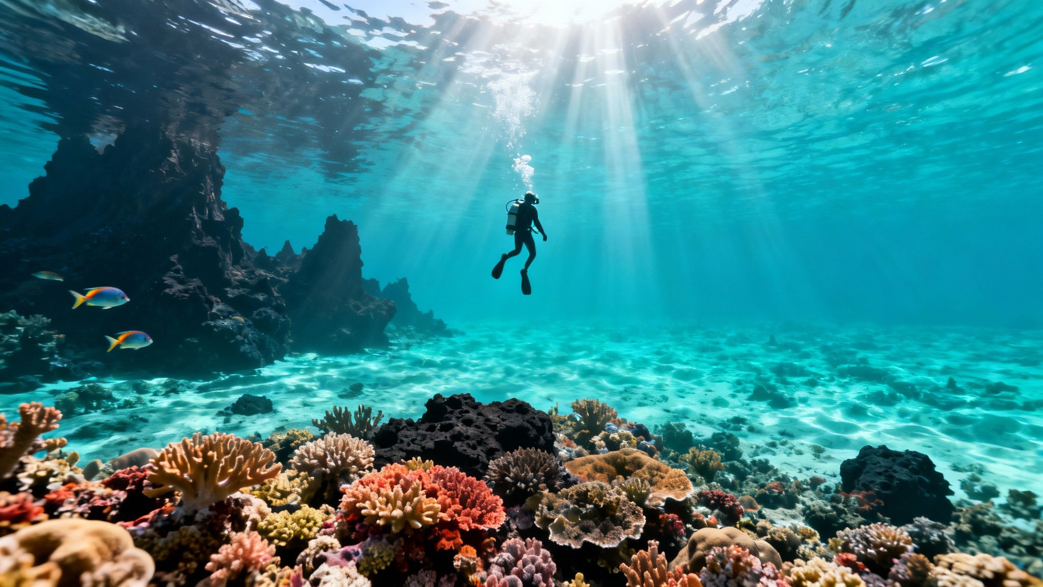 Underwater view of a scuba diver exploring a colorful coral reef with sun rays and fish.