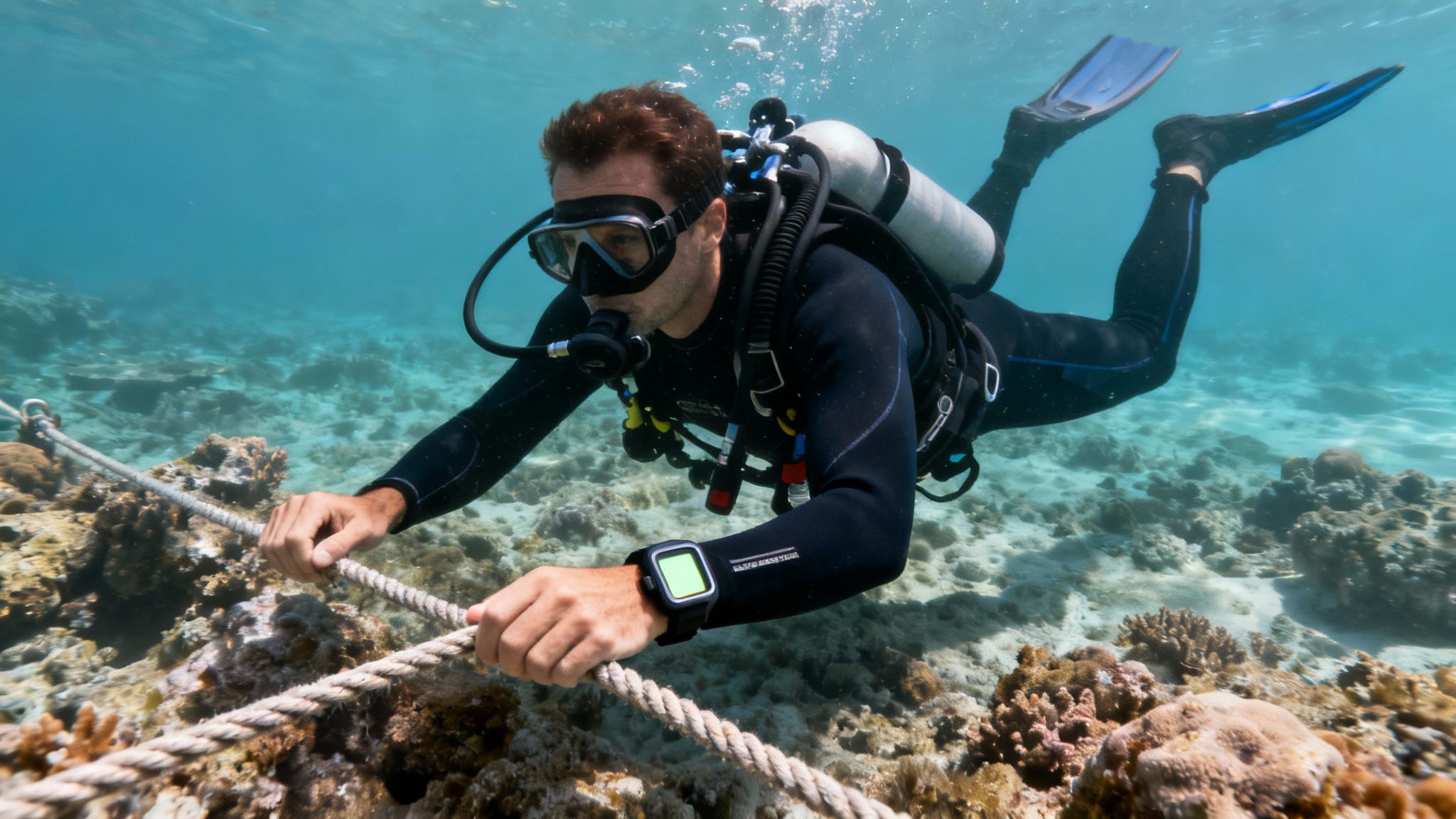 A male scuba diver in a black wetsuit holds onto a rope underwater near a coral reef.
