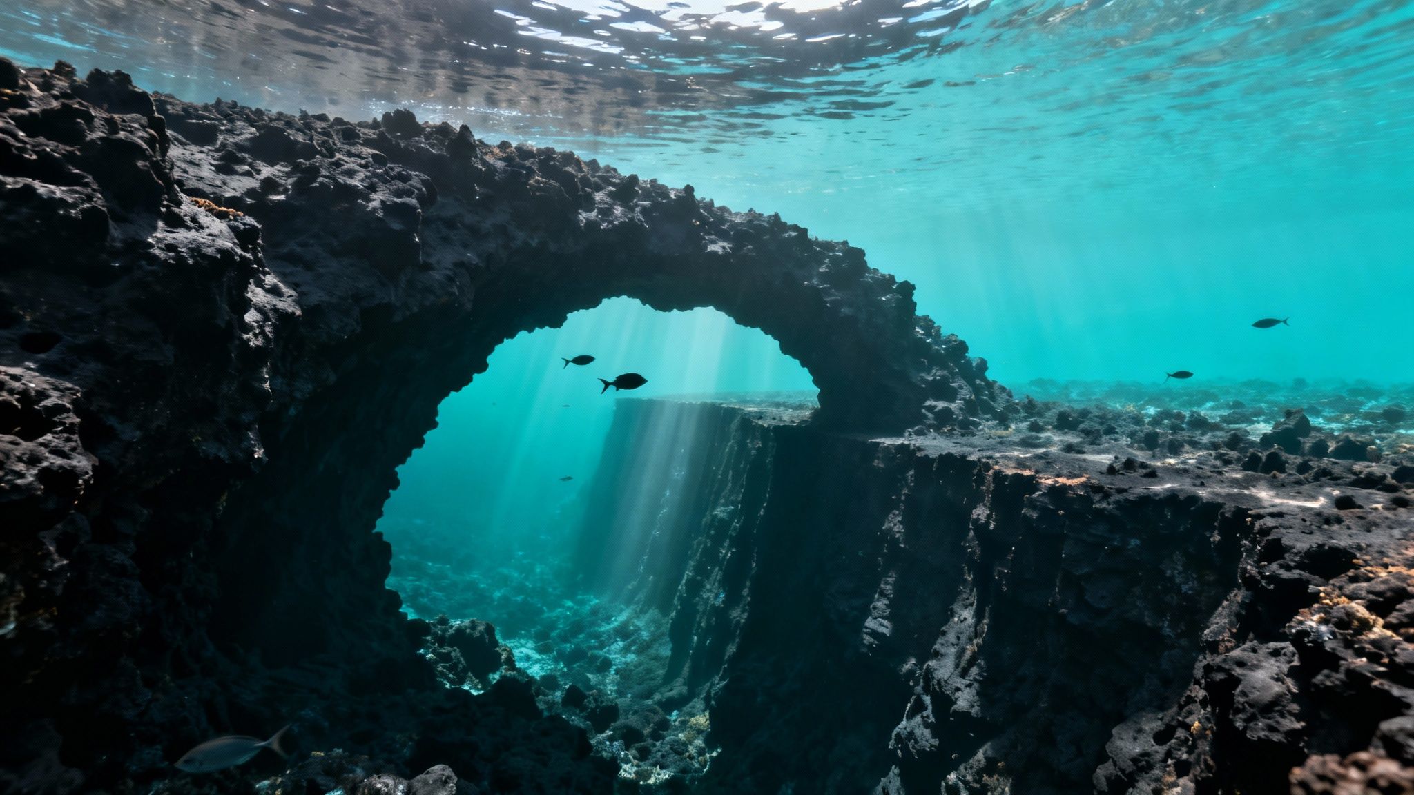 Sunlight streams through an underwater rock arch where tropical fish swim in clear blue water.