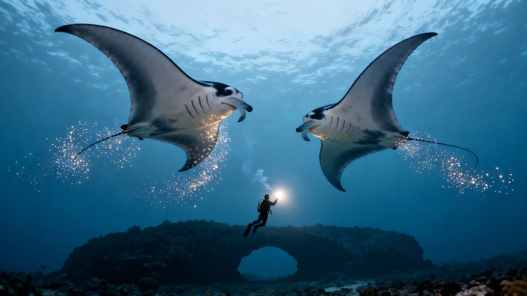 Two manta rays swimming above scuba diver with bright light underwater near Big Island reef