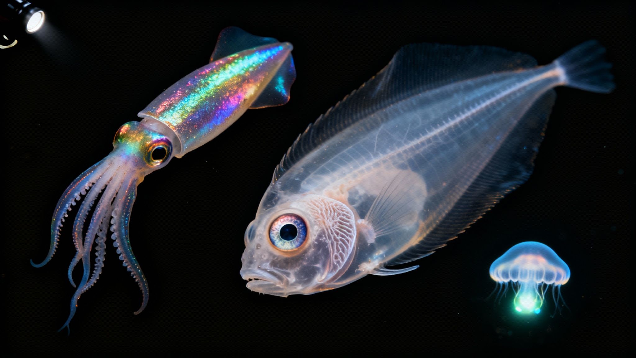 An iridescent squid, a transparent fish, and a glowing jellyfish in a blackwater dive.