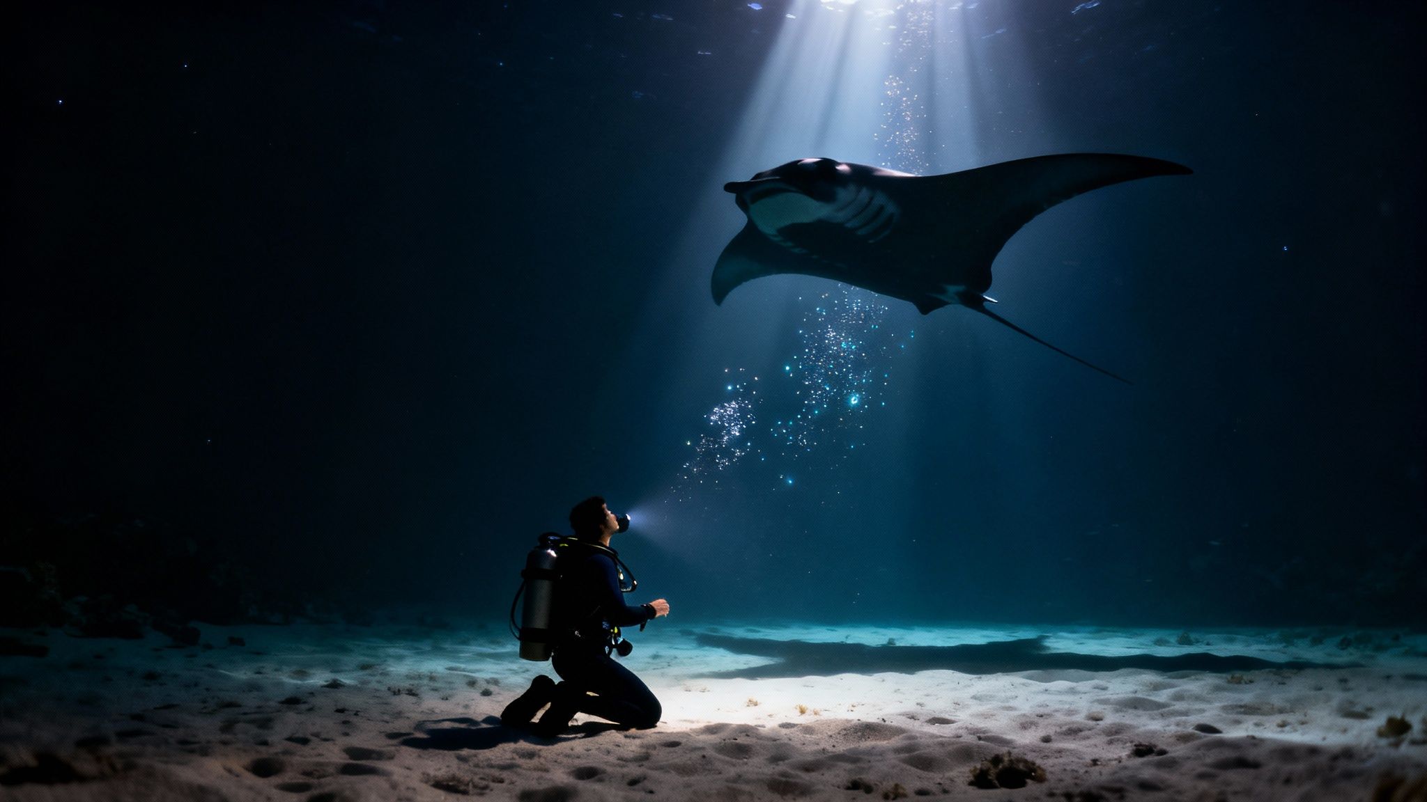 A group of scuba divers on the ocean floor at night, shining their lights up at a massive manta ray swimming overhead.