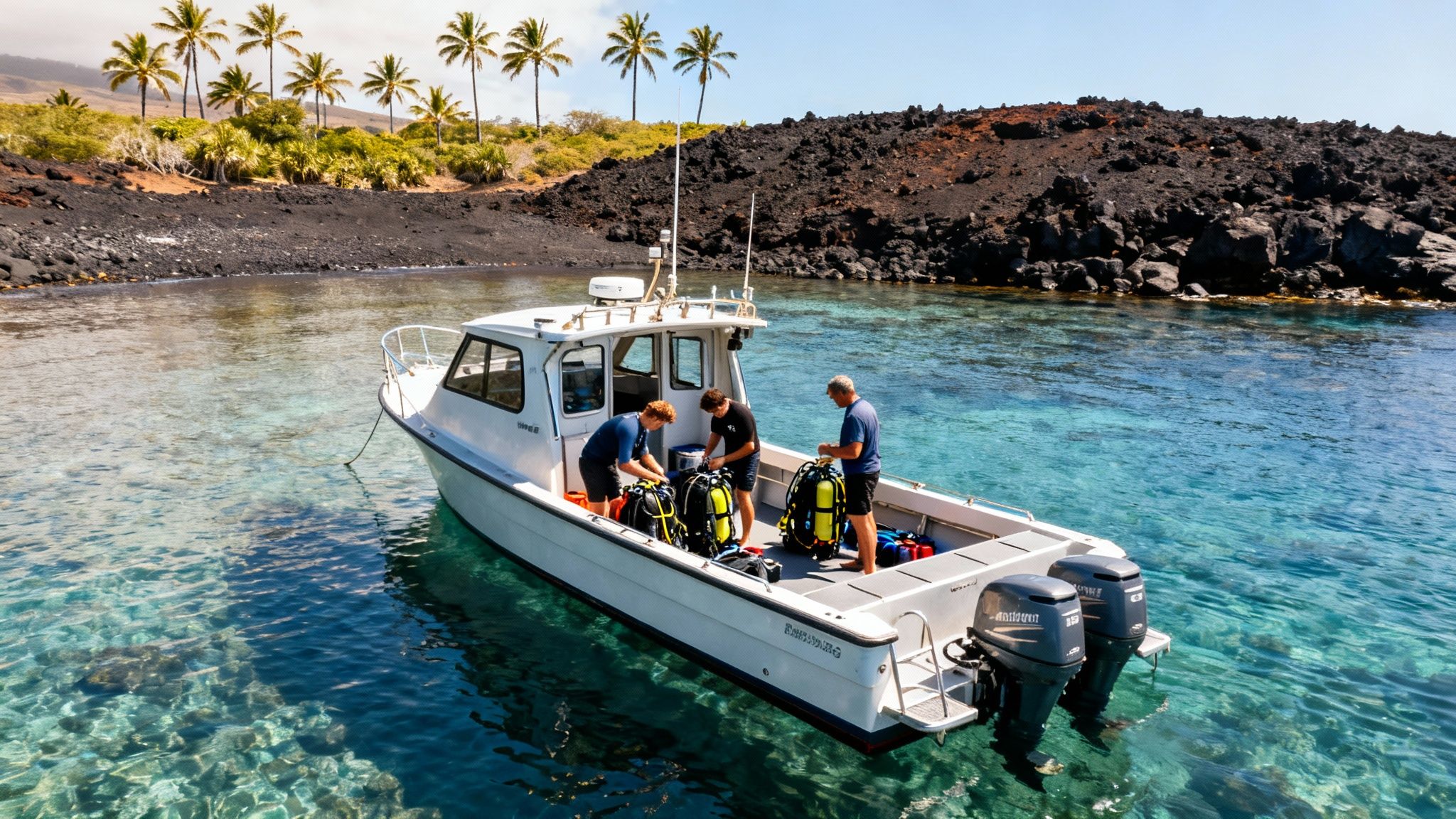 Three men on a white boat in clear water prepare scuba diving equipment near a volcanic shore with palm trees.