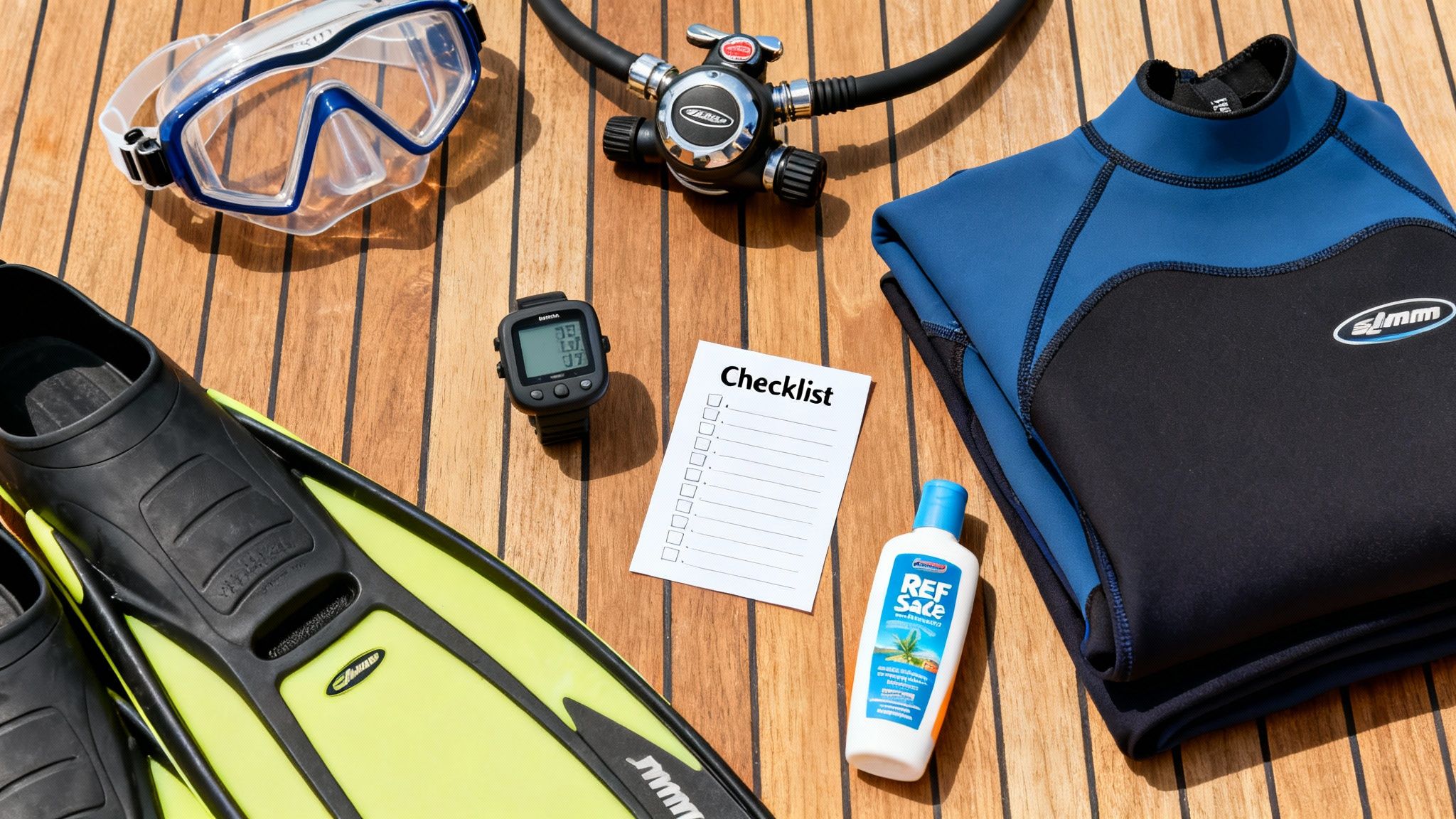 A flat lay of essential scuba diving equipment, including a mask, fins, wetsuit, and regulator, on a wooden deck.