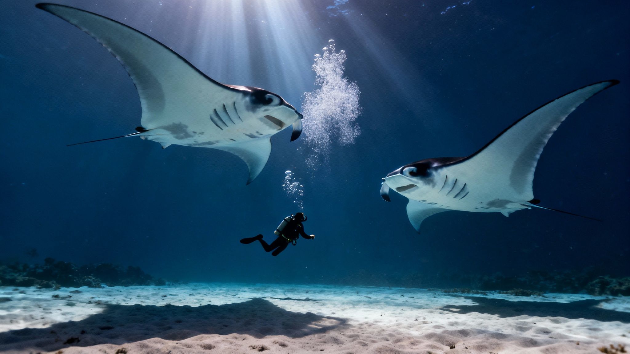 A scuba diver observes two majestic manta rays gracefully swimming in sun-drenched ocean waters.