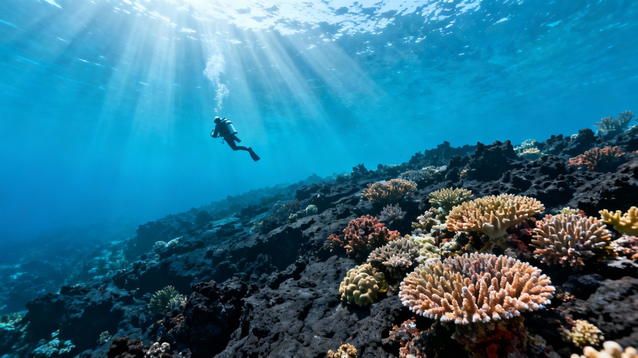 A scuba diver explores a vibrant coral reef beneath sunlit blue waters, creating a beautiful underwater scene.