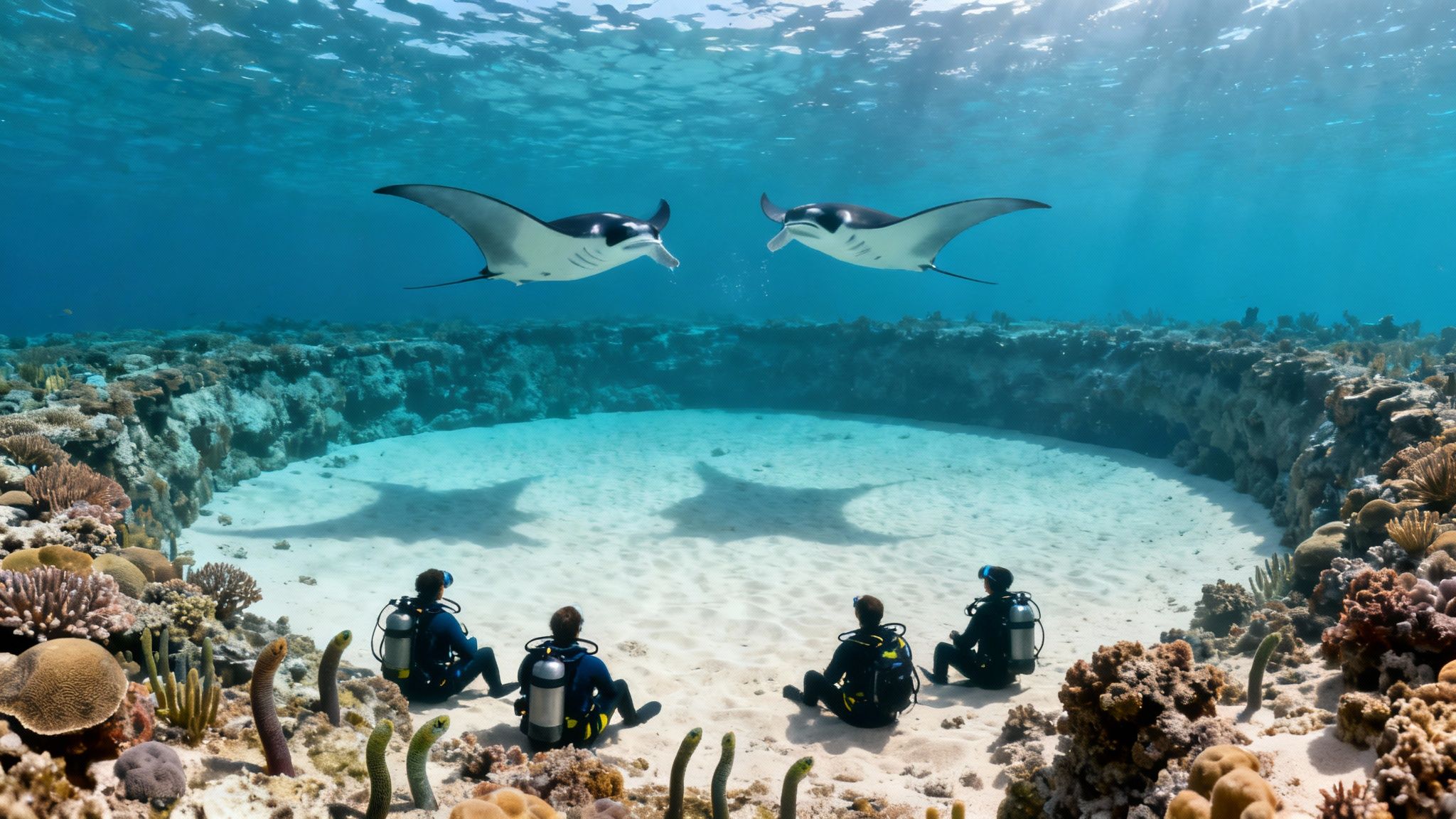 A manta ray gracefully swims over divers during a night dive in Kona.