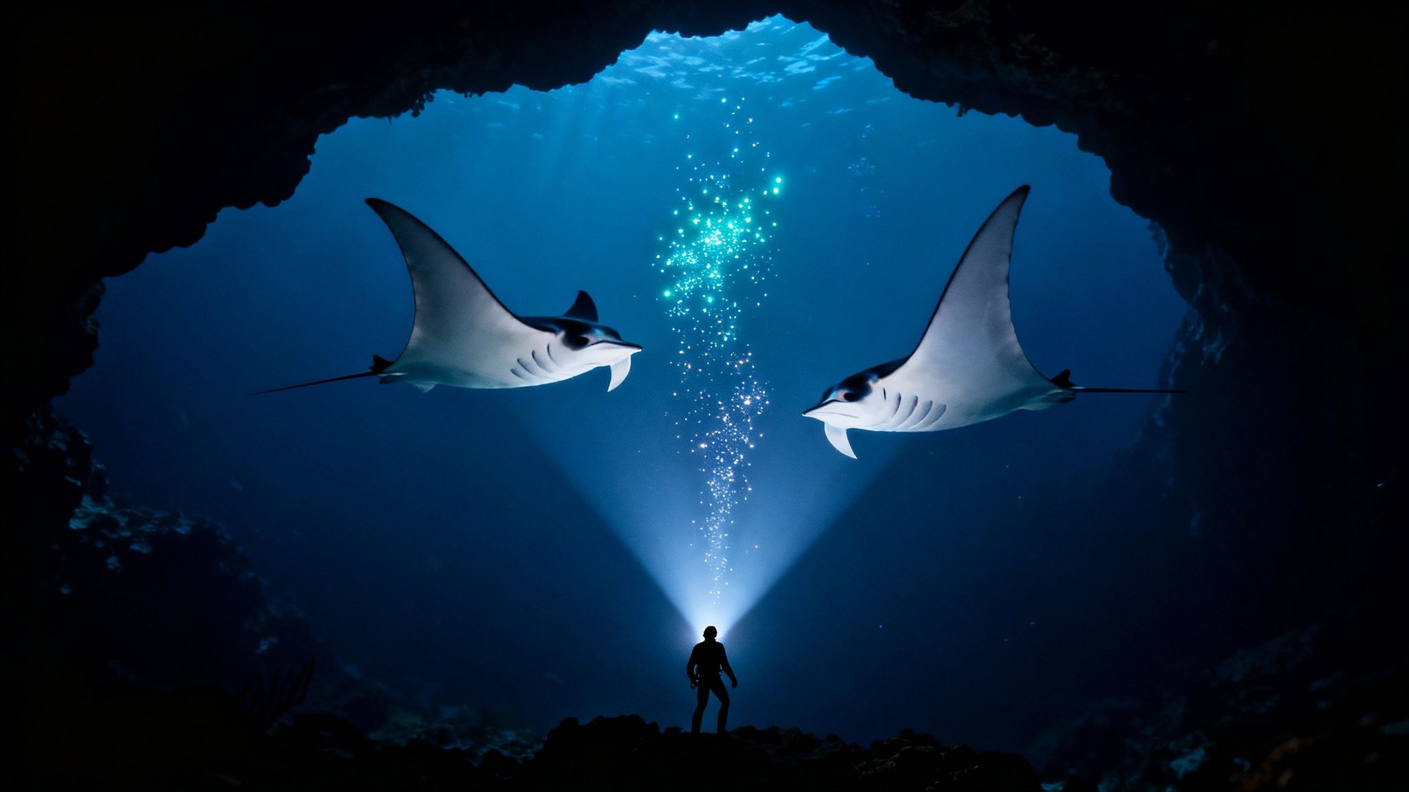 Underwater scene with a diver illuminating two majestic manta rays in a dark ocean cave.