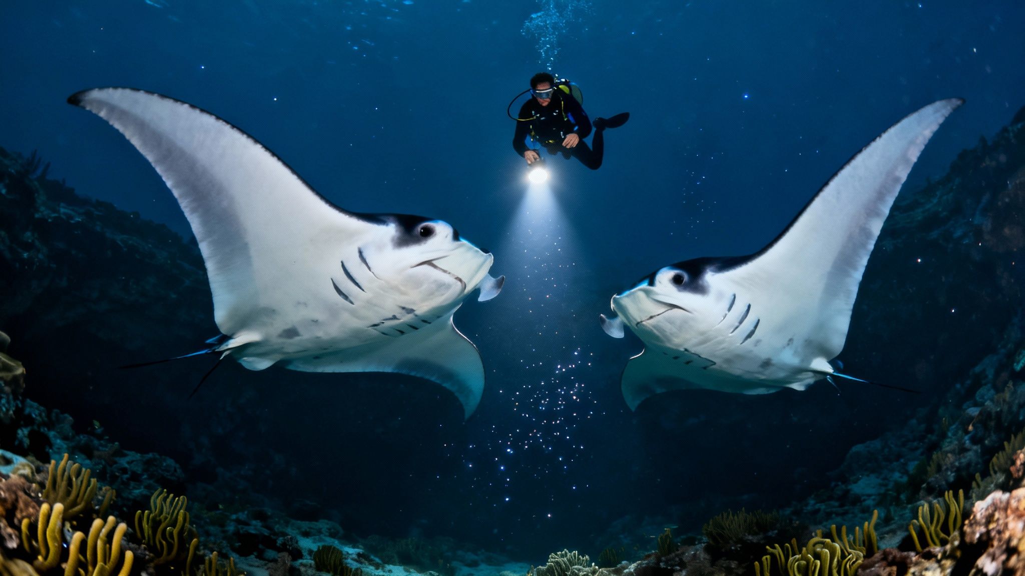 A scuba diver shines a light on two majestic manta rays swimming over a vibrant coral reef.