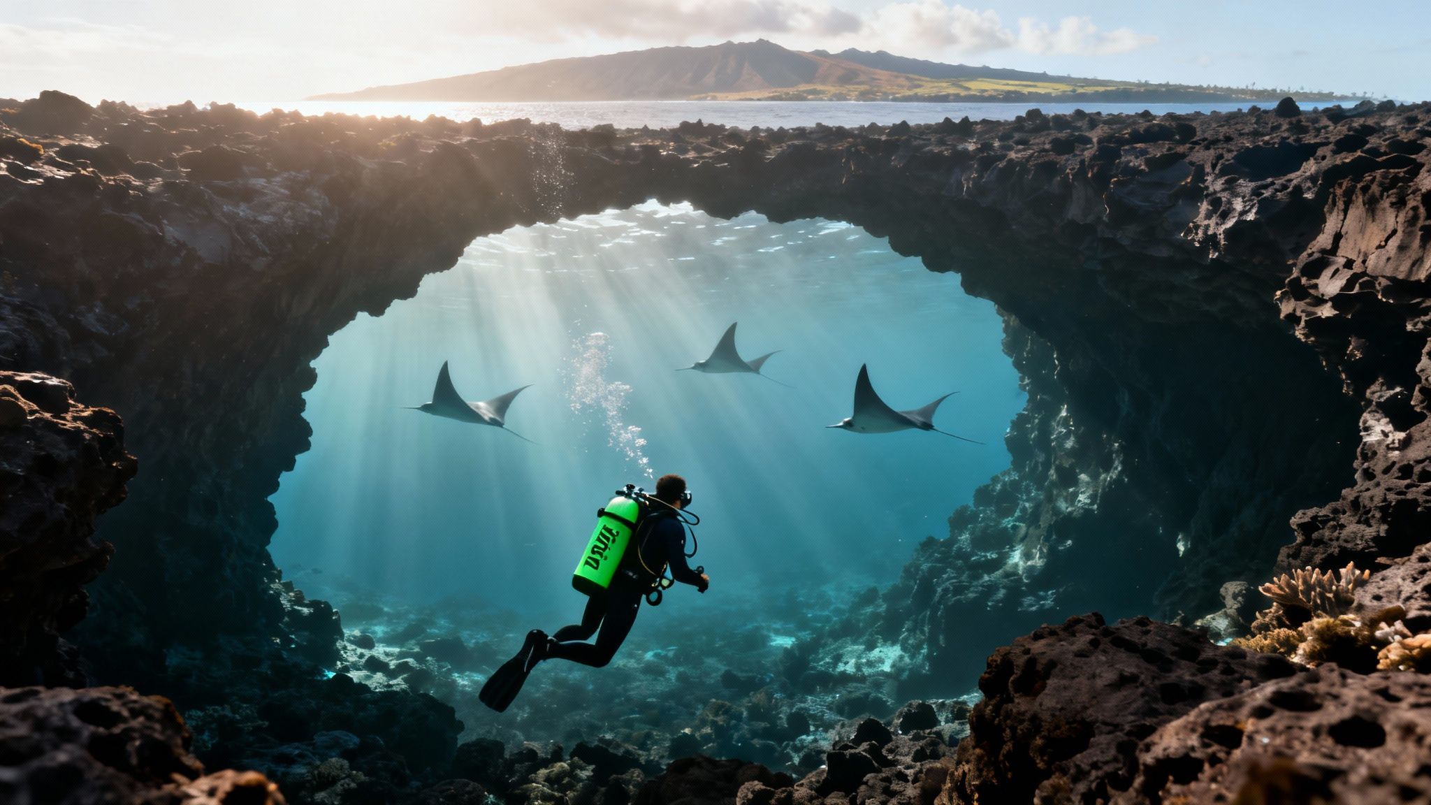 A diver with a green tank swims through an underwater cave with three eagle rays and sunbeams, island in the distance.