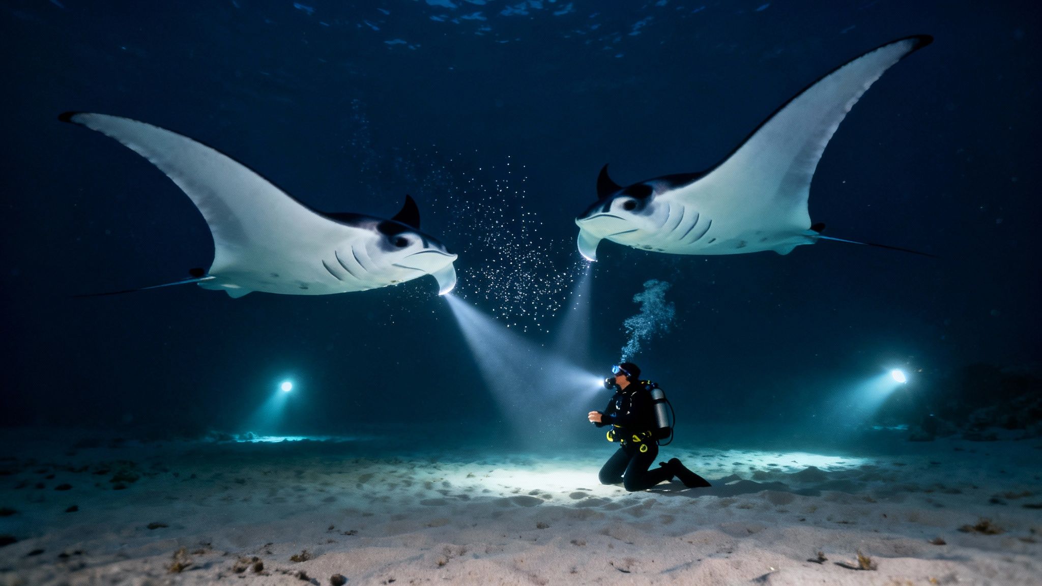 A scuba diver kneels on the sandy seabed, illuminating two majestic manta rays overhead.