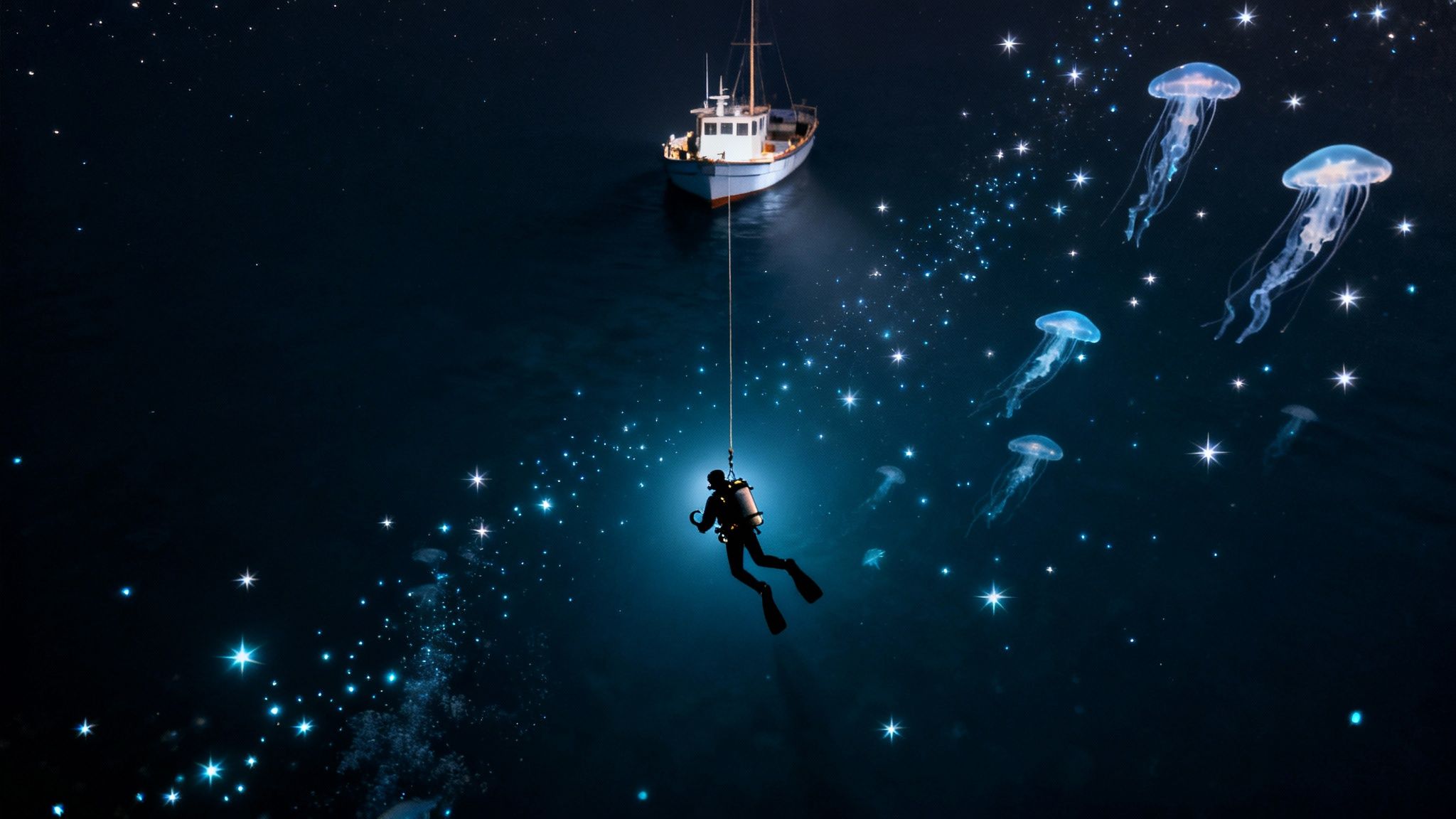 A diver explores the dark, star-filled ocean depths with a boat above and luminous jellyfish.